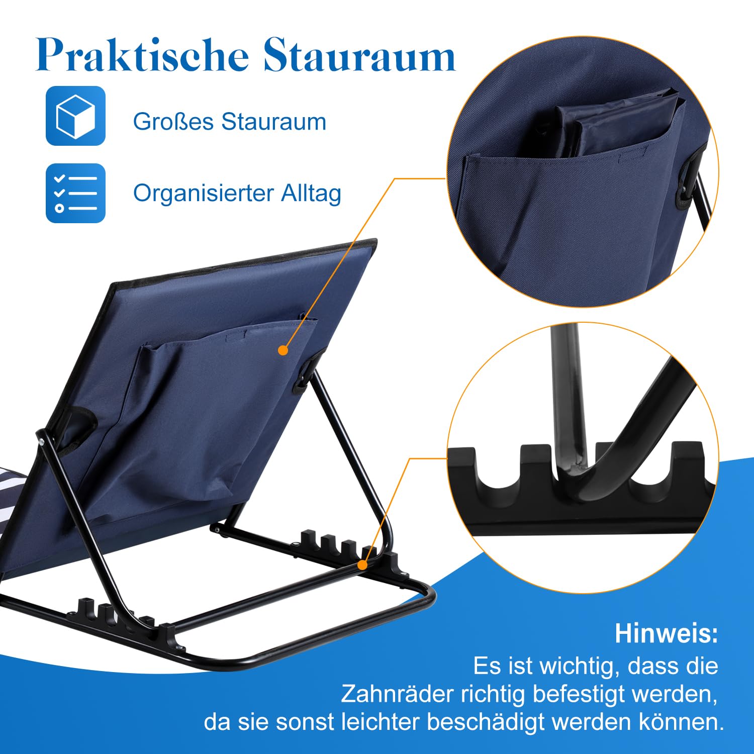 Colchoneta de playa plegable, acolchada, tumbona de playa con bolso, compartimentos de almacenamiento, cojín integrado con ajuste de 5 velocidades, tejido resistente al desgaste (158 cm,