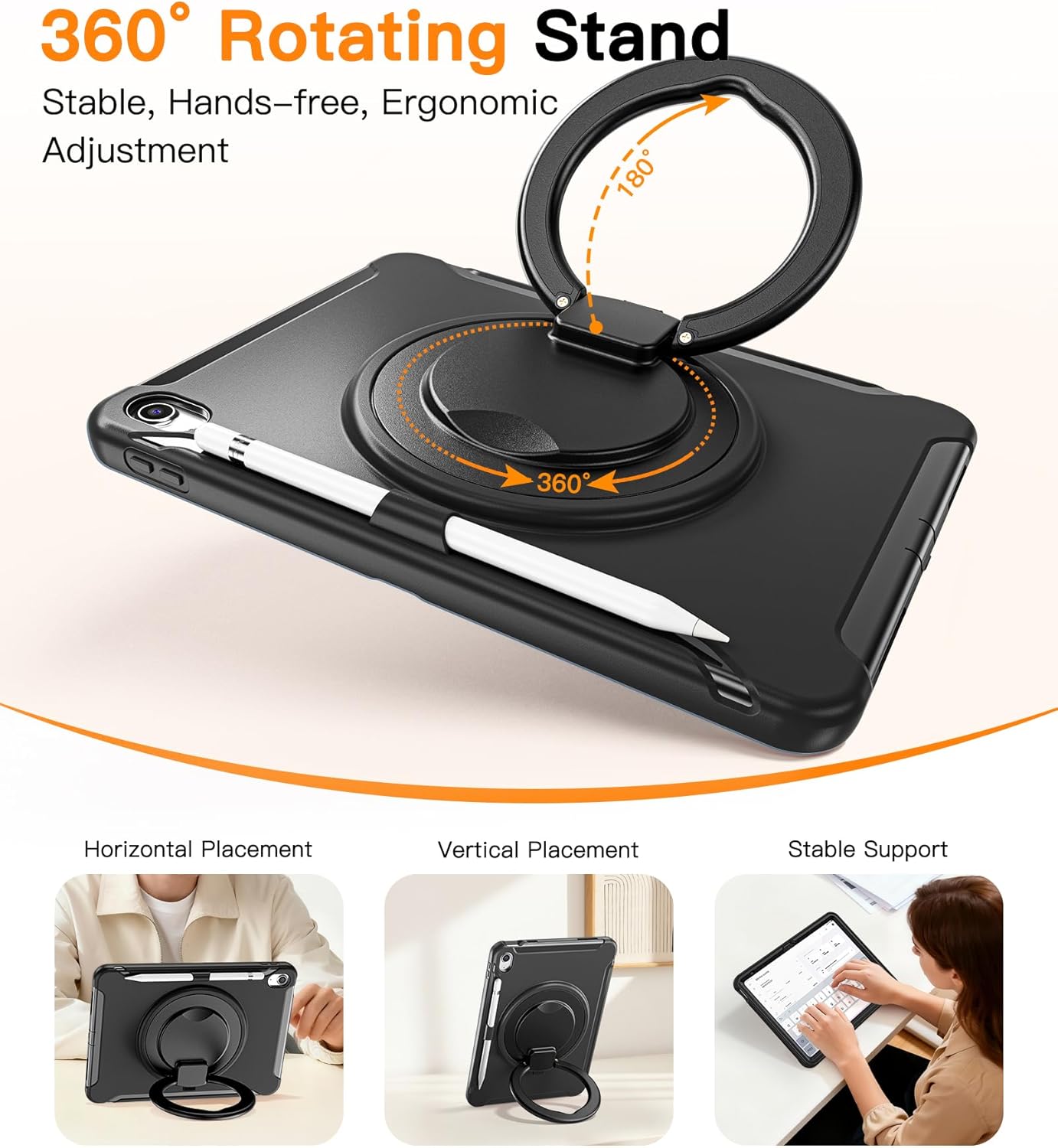 BATYUE Shockproof Case for iPad 10th Gen 10.9" 2022 / 11th Gen (A16) 11" 2025 | 360° Multi-Angle Stand (Portrait & Landscape) & Grip, Built-in Screen Protector, Pencil Holder, Black