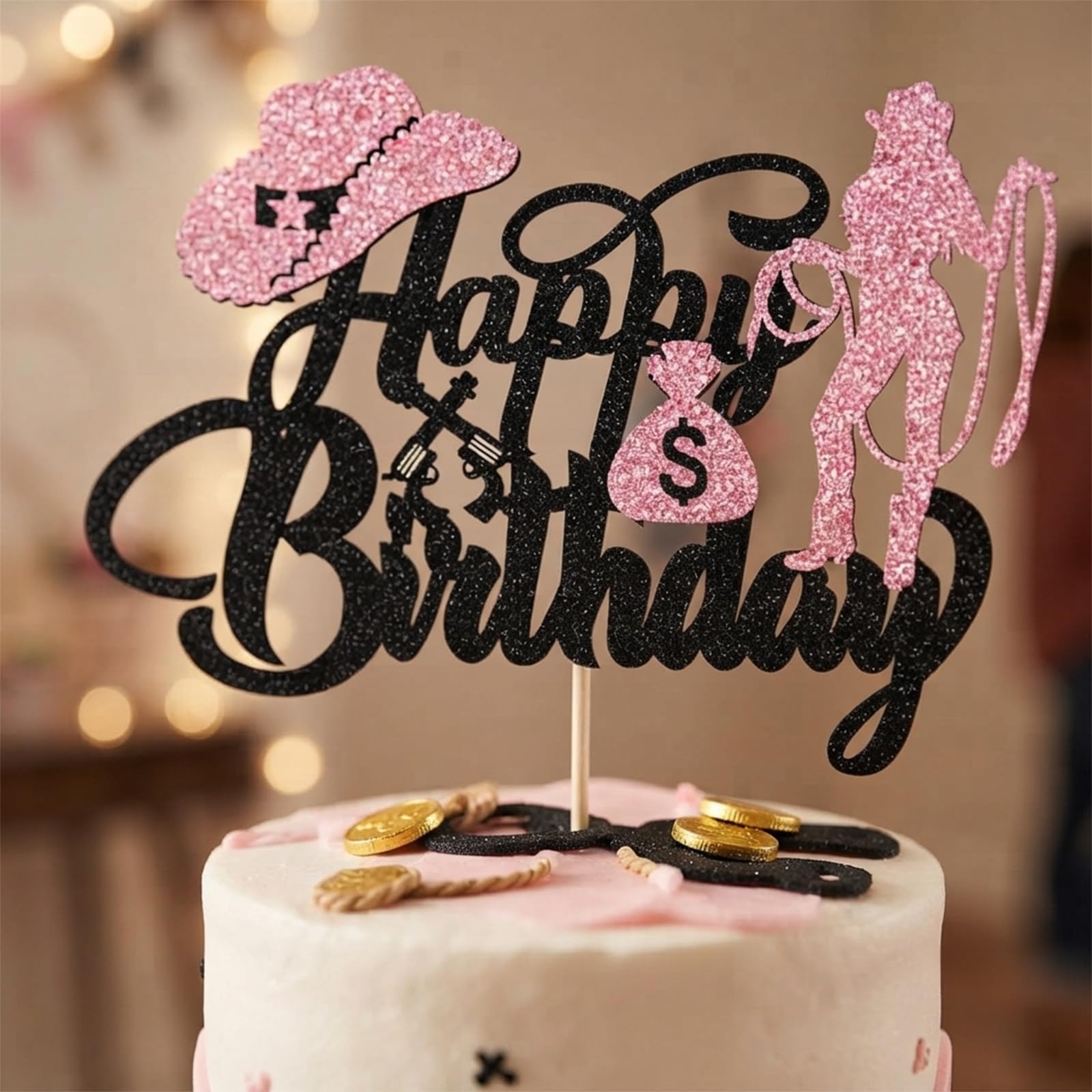 1Pc Pink Black Cake Topper for Cowgirl Birthday Party