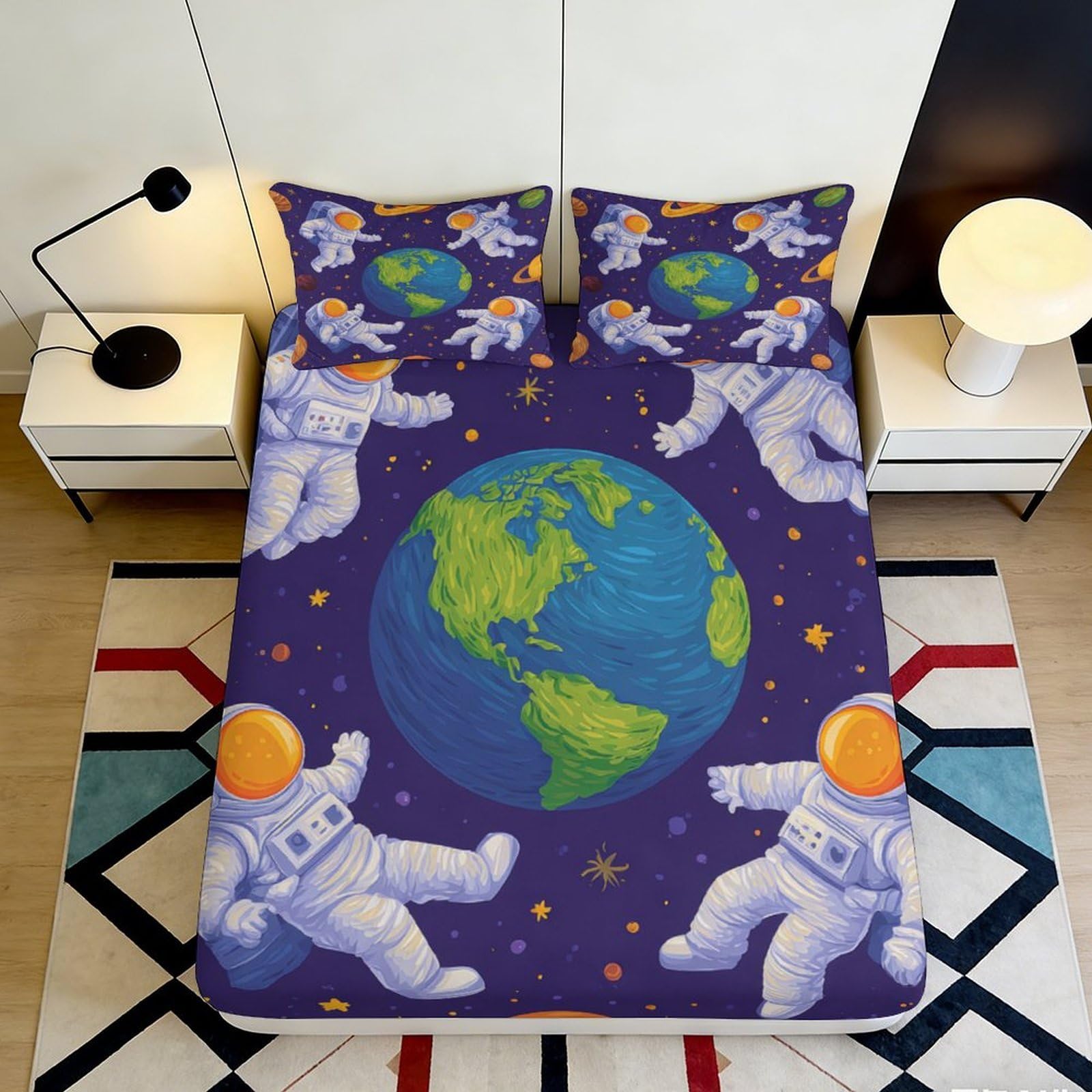 Jqzkxnhpbr Style-1 3D Printed Astronaut Earth Fitted Sheet Microfiber Anti-Slip Bed Cover For Bedroom Dorm Dustproof Machine Washable 90X200x25cm