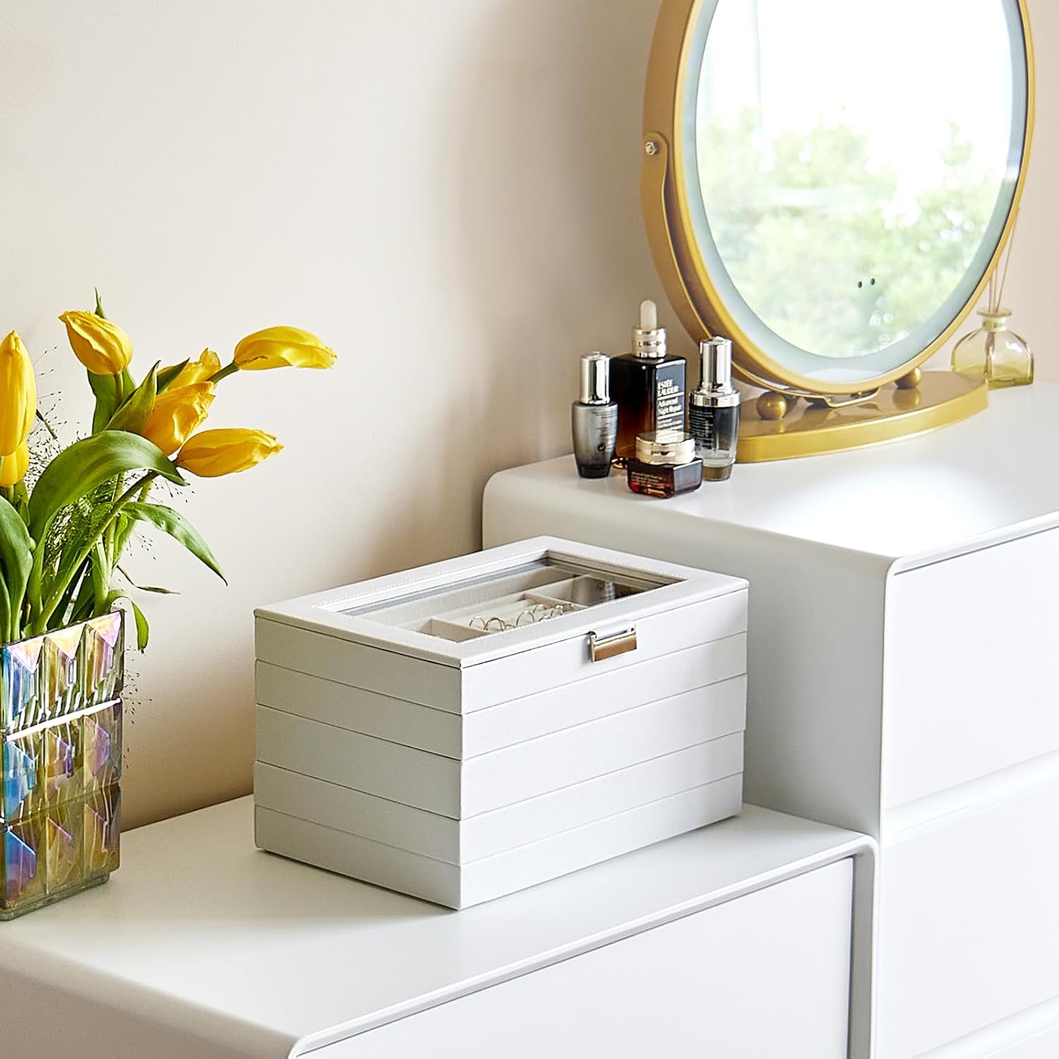 ProCase 5 Layers Stackable Jewelry Tray Box, Stackers Jewelry Trays for Dresser Drawer Storage, Jewelry Organizer Case with Lid -White - Image 4