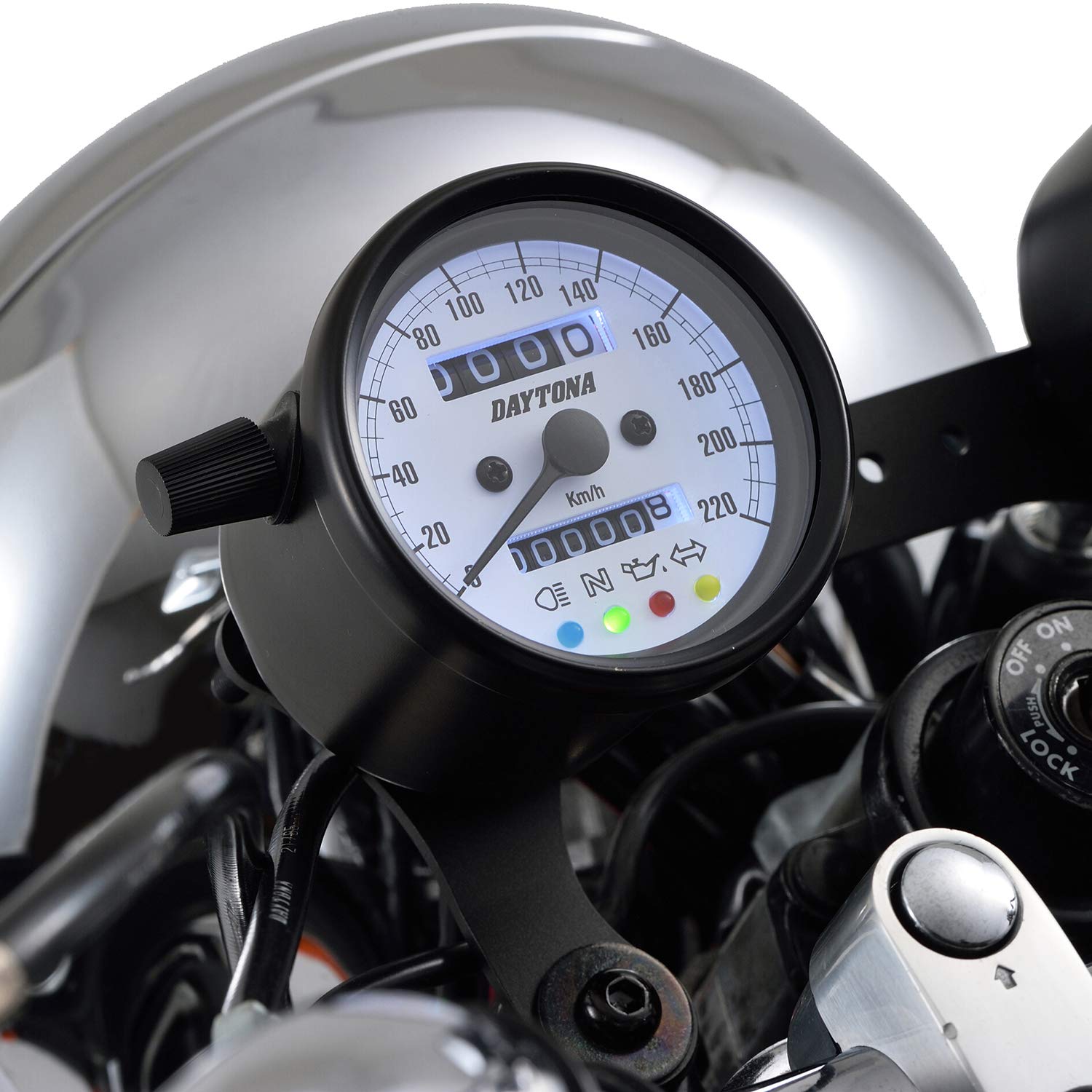 【新品】デイトナ 機械式スピードメーター φ60 ホワイトパネル 15635 15635 バイク用 機械式スピードメーター Φ60 ホワイトLED照明