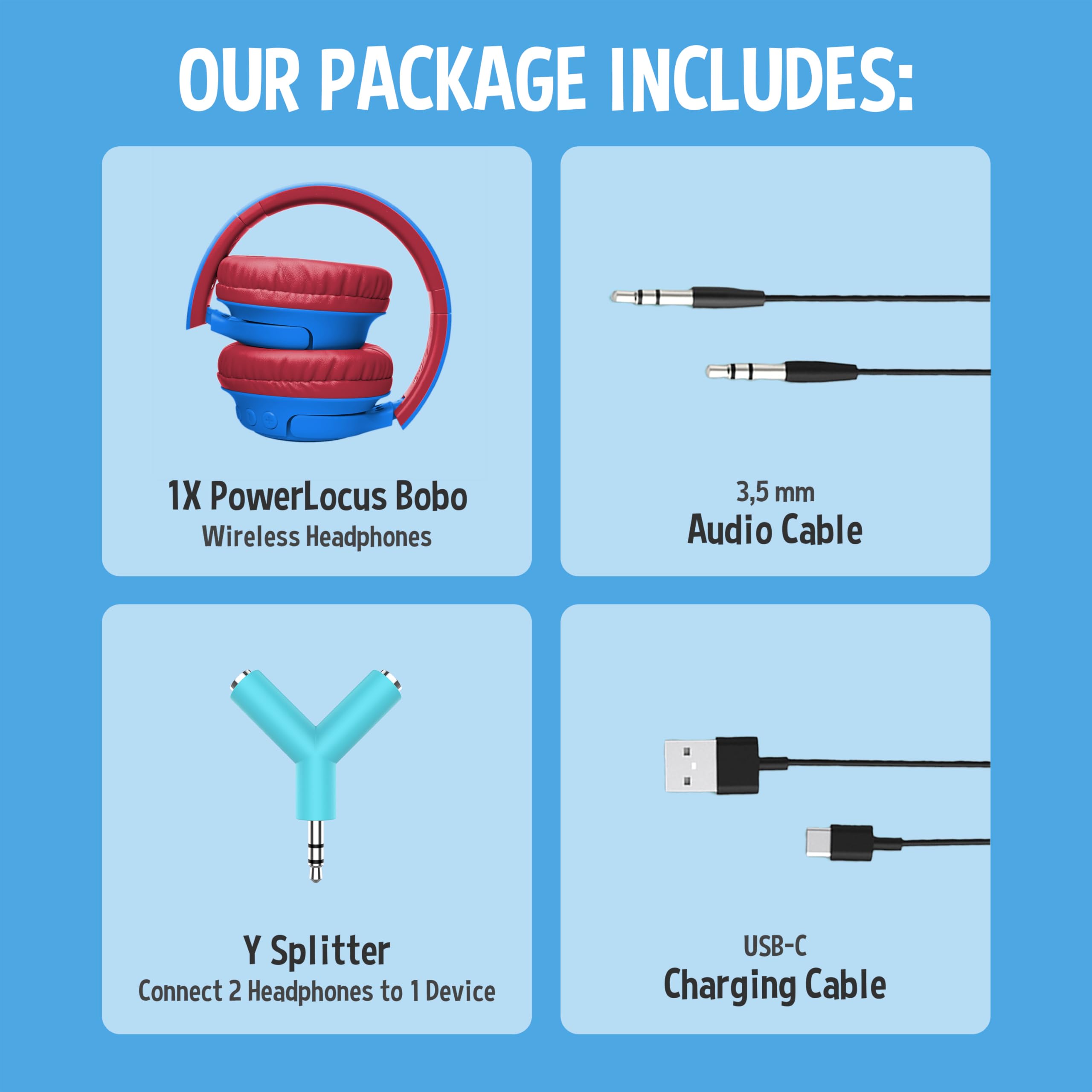 PowerLocus Bobo Bluetooth Kopfhörer Kinder, Kinderkopfhörer Over Ear mit 74/85/94dB Lautstärkebegrenzung, LED-Leuchten, Kabellos & Aux-Kabel Faltbare Kopfhörer mit Mikrofon für Handy/Tablet/Reisen