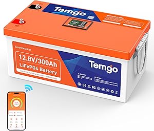 TEMGO 12V 300Ah Self-Heating LiFePO4 Lithium Battery with Smart Touch Screen & Bluetooth App, Built-in 200A BMS, 2560W Power, 5000+ Cycles, for RV, Camper, Solar, Off-Grid