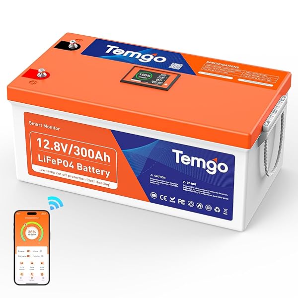 TEMGO 12V 300Ah Self-Heating LiFePO4 Lithium Battery with Smart Touch Screen & Bluetooth App, Low-Temp Protection, Built-in 200A BMS, 3840Wh Energy, 5000+ Cycles, for RV, Camper, Solar, Off-Grid