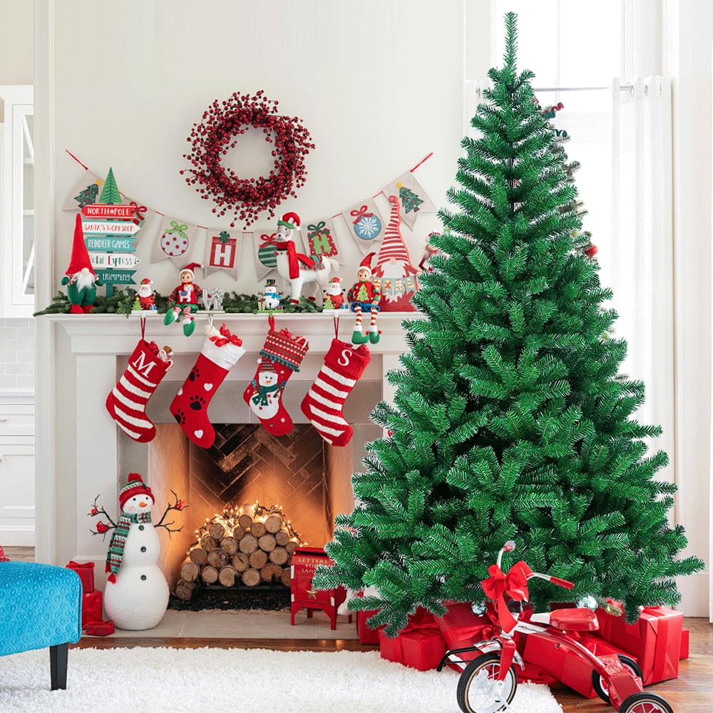 OHMG Sapin de Noël Artificiel 210cm, Arbre de Noel avec 1100 Pointes de Branche en Forme d’Aiguilles de pin, avec Effet Neige de Noël Vert Décoration Fêtes de Noël PVC, Noel
