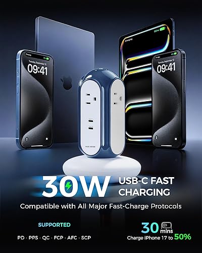 Miniatura 2 de MiaoLab Regleta de alimentación en torre de 1875 W/15 A con 4 salidas de CA + 2 USB-C (carga rápida de 30 W), protector de sobretensiones de 1420J,