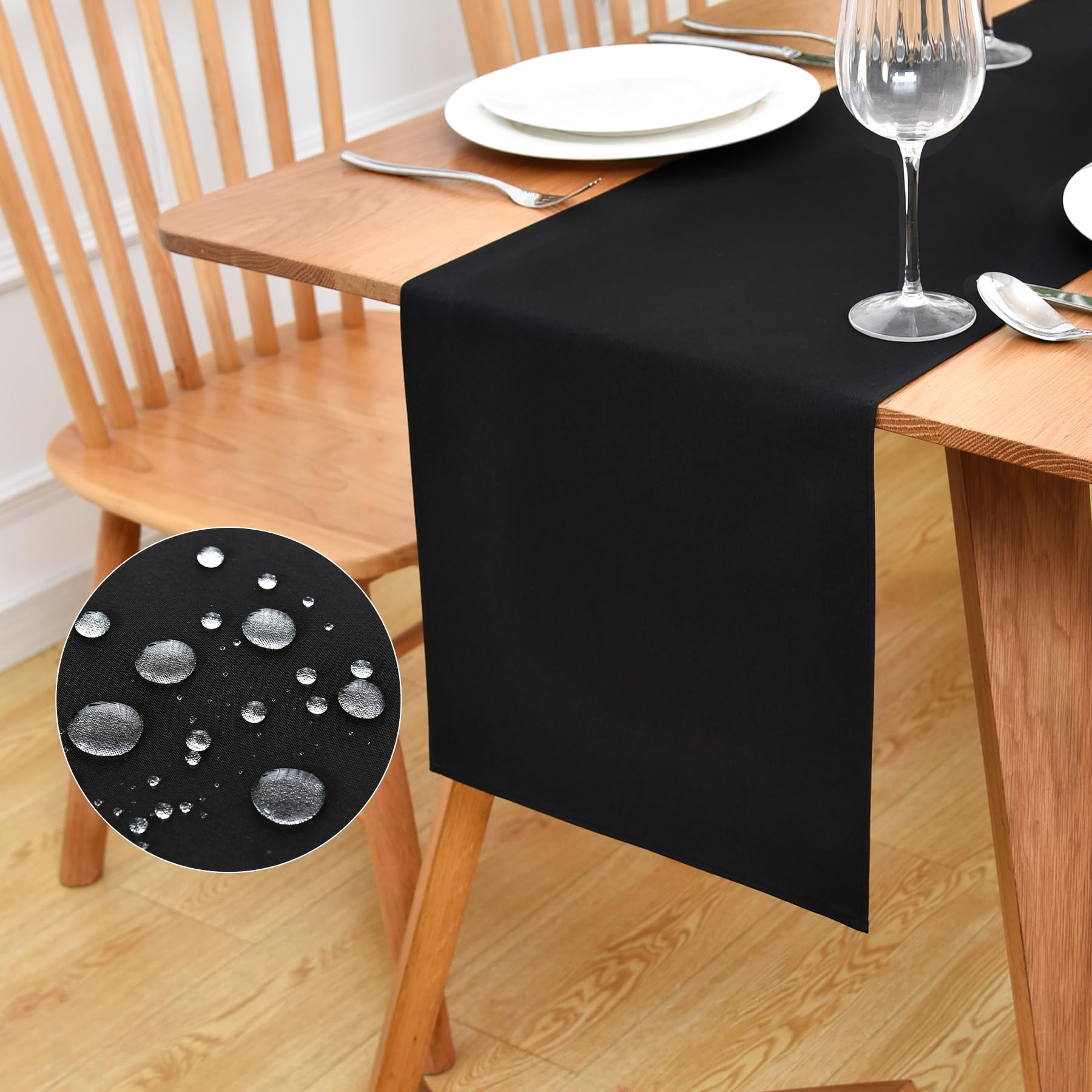 Inmerget Water Resistant Faux Linen Table Runner 33x153 cm, Black