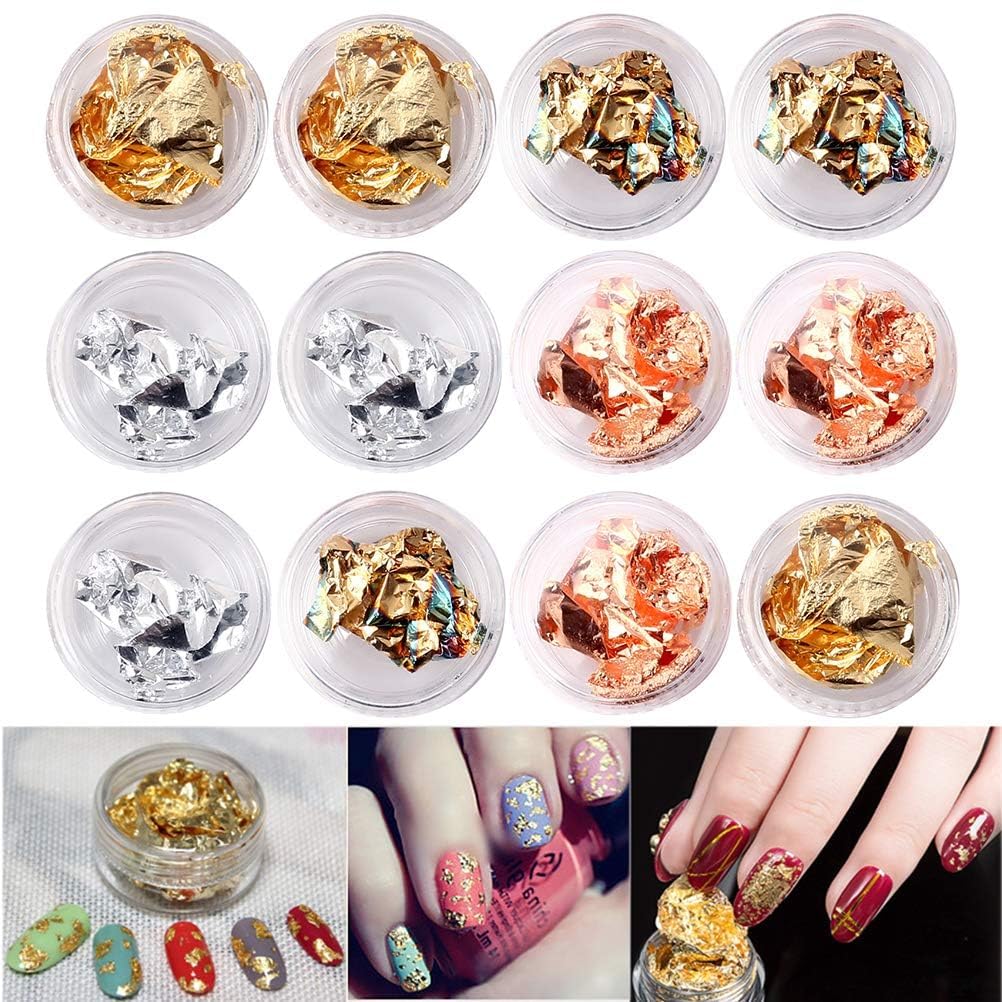 SKINPLUS 12 Boxes Foil Nail, Nail Art Chip Glitter Shining Flakes Gold Silver Copper Nail Foil Paillette Nail Sequins for Nail Art Decorations Supplies