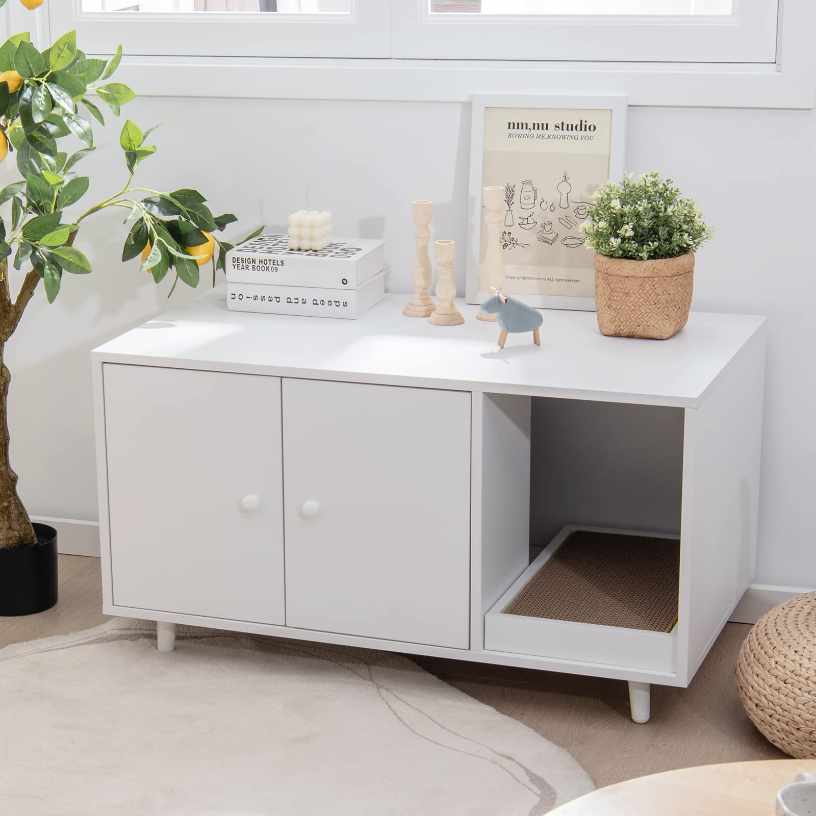 COSTWAY 3 en 1 Casa para Gatos con Rascador Extraíble, Mesa de Centro Auxiliar de Madera, Cueva para Gatos con 2 Puertas, Mueble Arenero de 90 x 50 x 50 cm (Blanco)