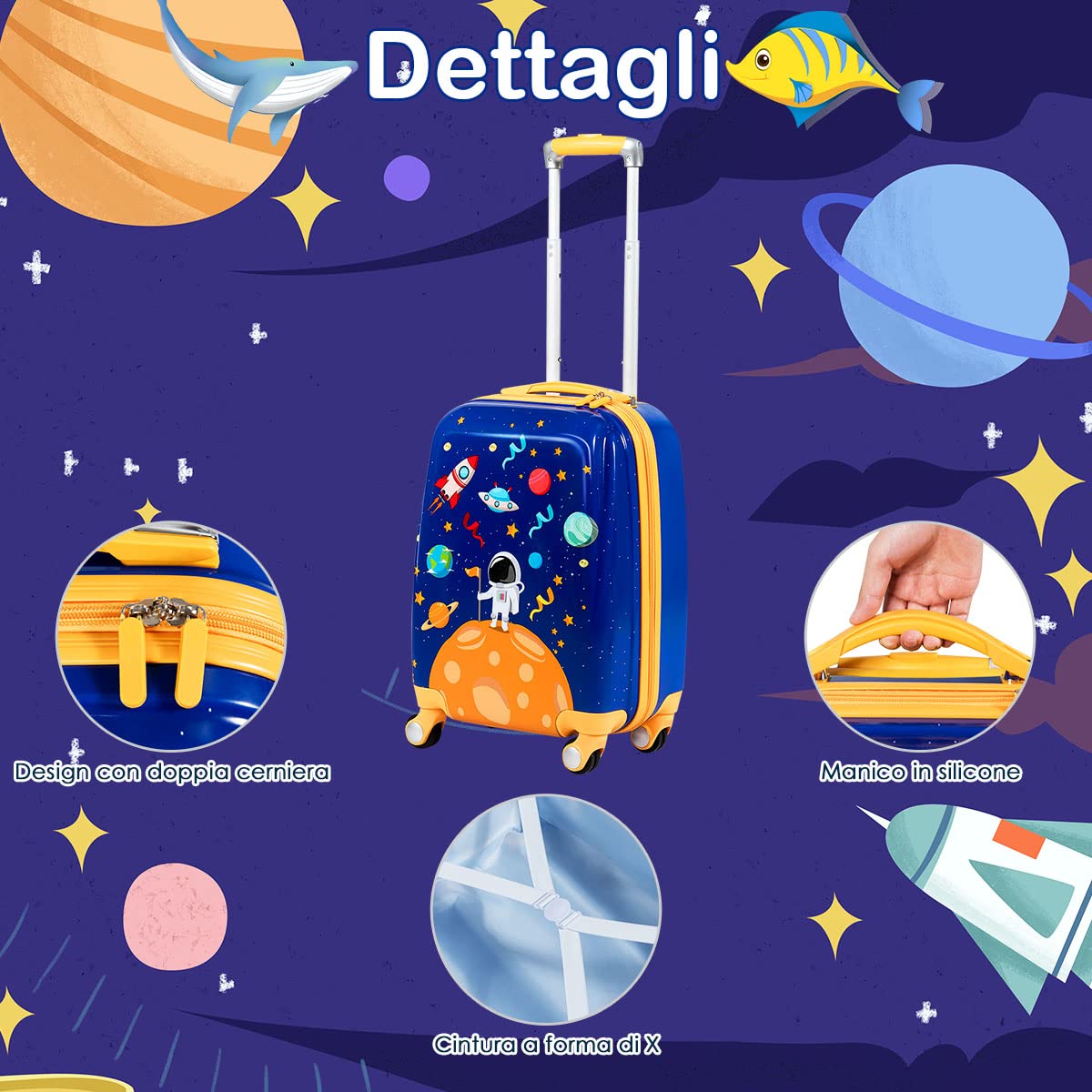 RELAX4LIFE Set Valigia Bambini 2 in 1 Astronauta Spazio Blu Royal Giallo (Trolley18 + Zaino 12") con Ruote 360°, Maniglia Regolabile, Zaino con Piedini | ABS Resistente |Ideale per Viaggi e Scuola