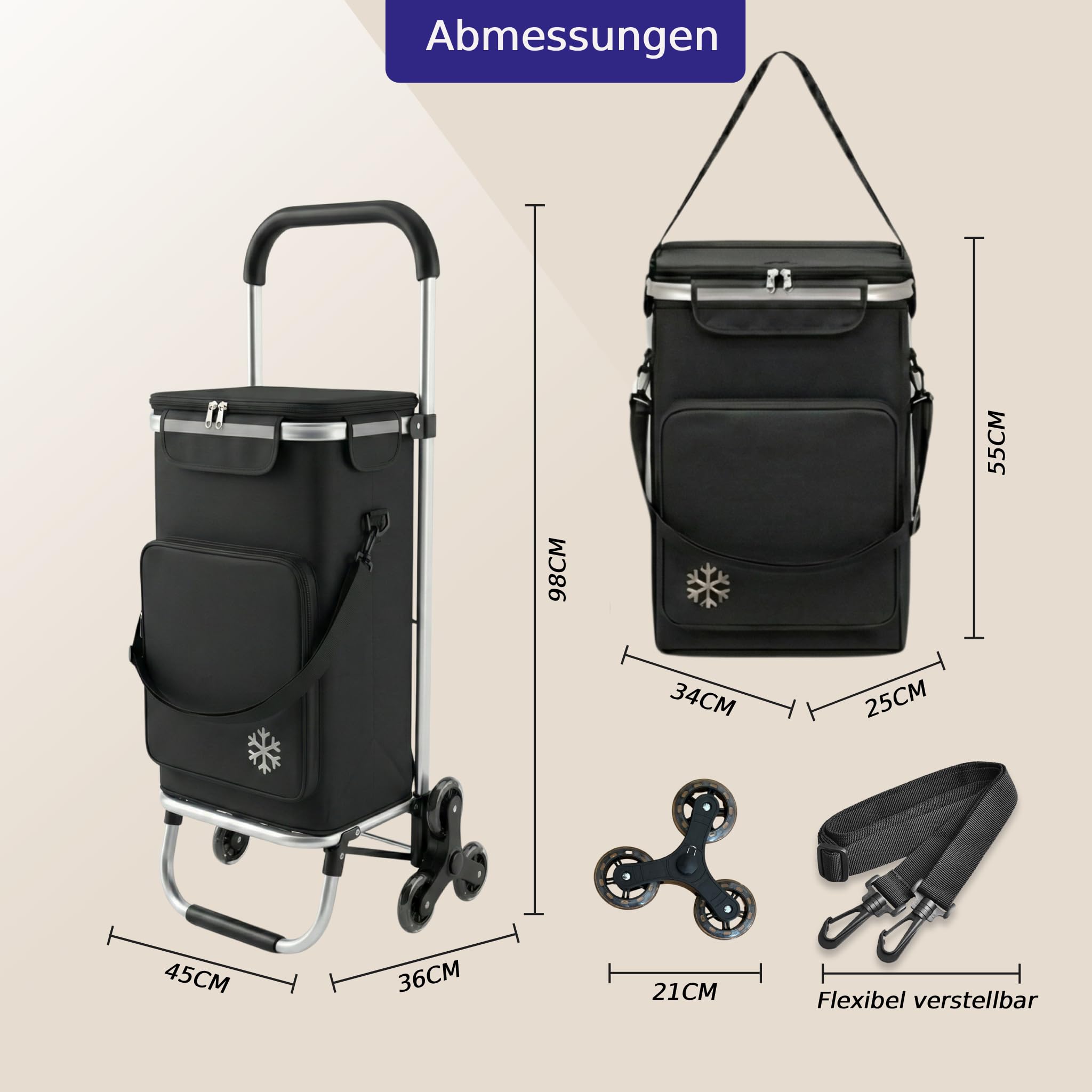 Einkaufstrolley Treppensteiger 64L groß, Einkaufswagen mit Dreirad klappbar, Trolley mit Kühlfach bis 60kg, Einkaufstasche mit Rollen und Reflektor, Handwagen schwarz
