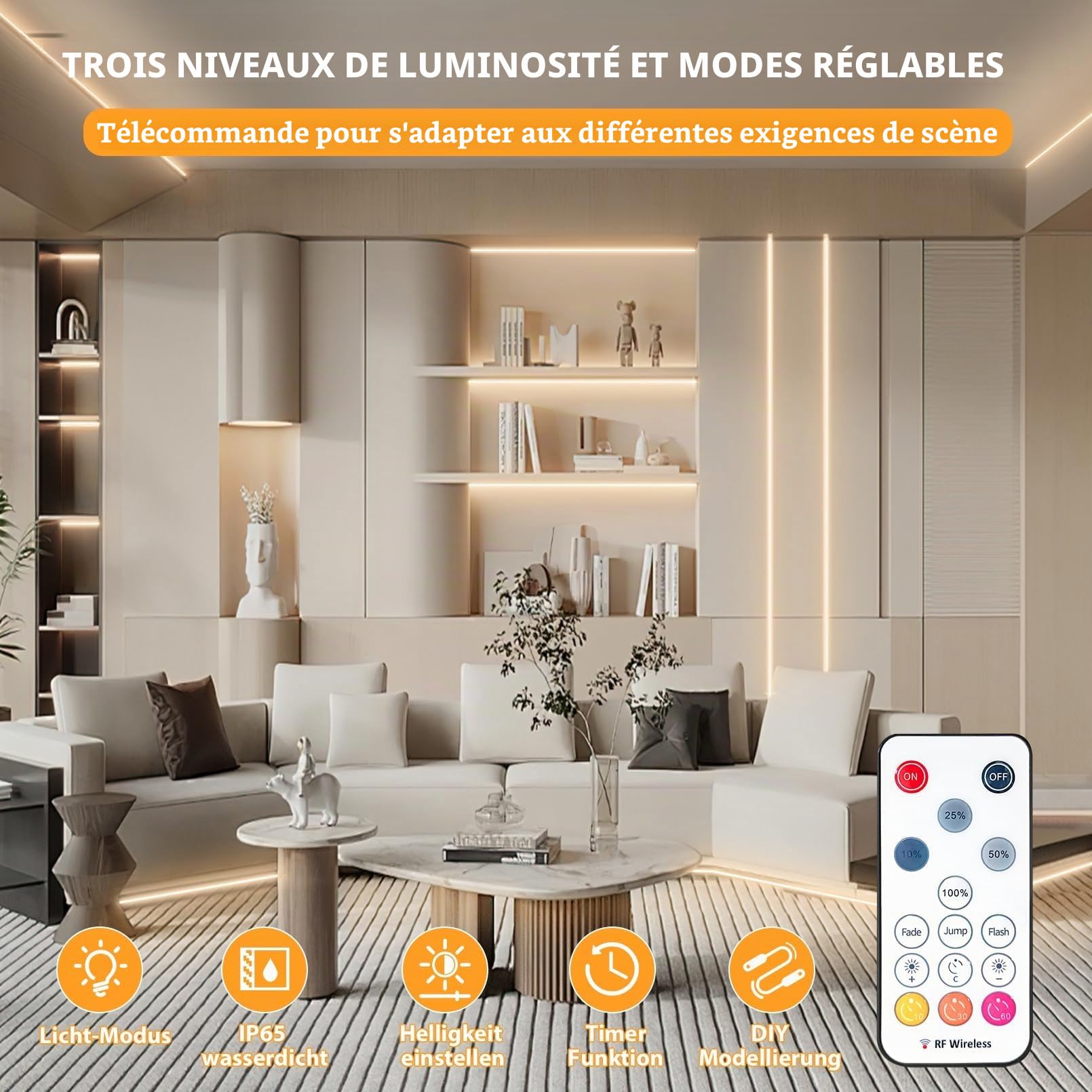 Lamomo Ruban LED 5M Blanc Chaud 12V Dimmable Néon Bande LED 3000K Etanche DIY Bande Lumineuse Flexible avec Alimentation et Télécommande IR pour Intérieur/Extérieur Maison Cuisine Décoration