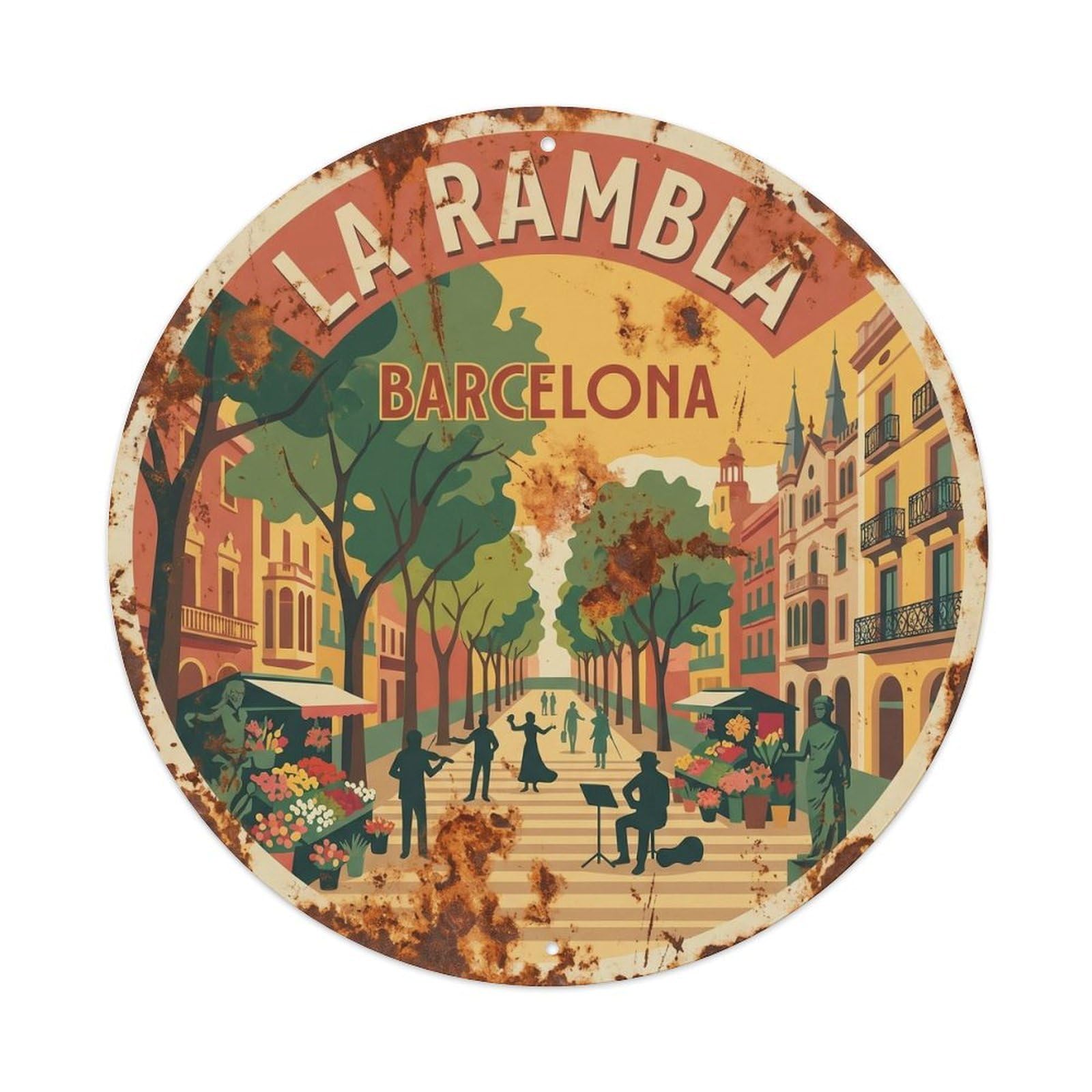 Barcelona La Rambla Vintage Spanish Journey Street Travel Metal Tin Sign Plaque Wall Decor for Cafe, Man Cave, Club Bar, Office, Home Garden Round Metal Poster 8x8Inch