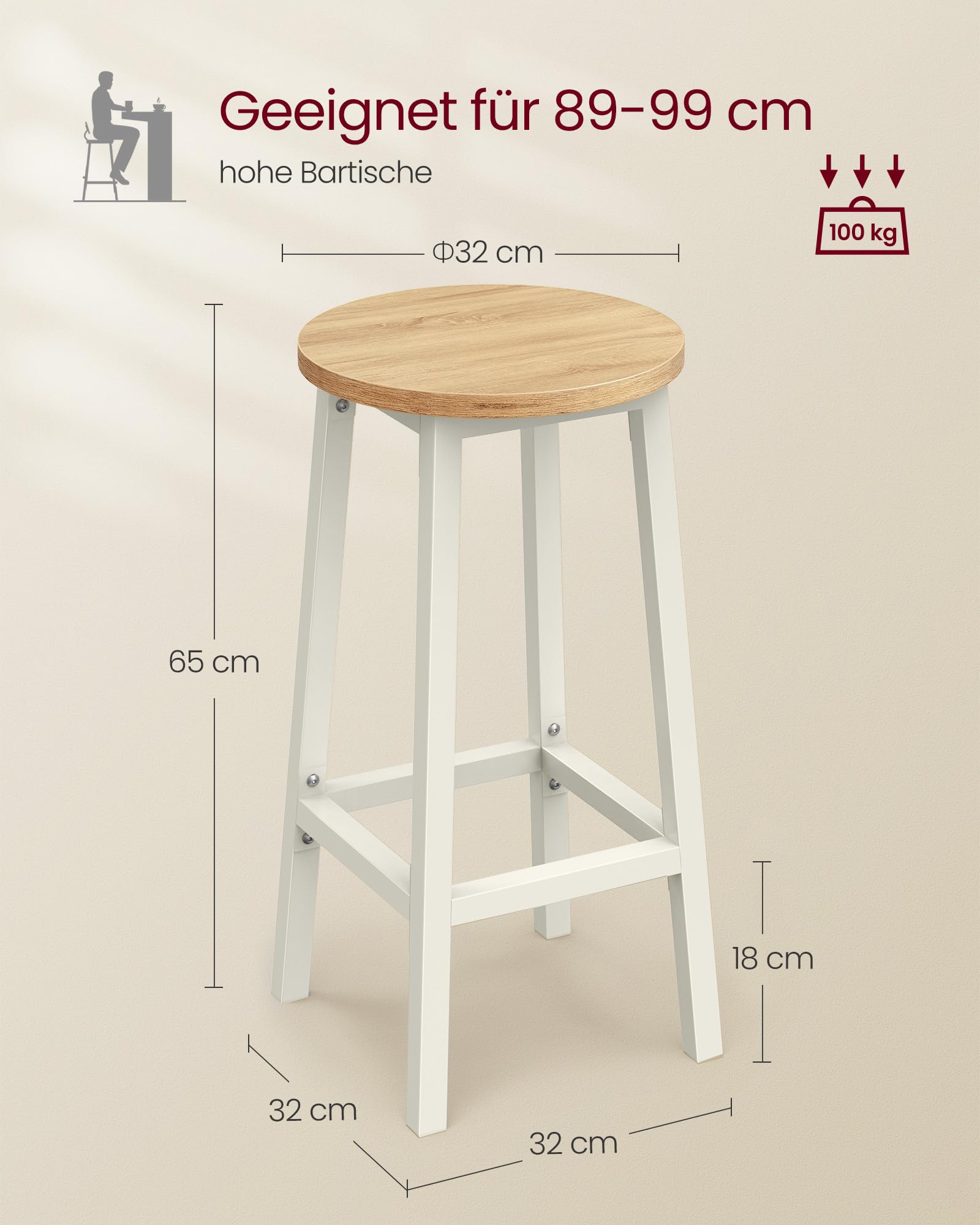 VASAGLE Barhocker, 2er Set, Barstühle, Küchenstühle mit Metallgestell, einfache Montage, 65 cm hoch, mit Fußstütze, für Küche, Wohnzimmer, Esszimmer, eichenbeige-weiß LBC032W09