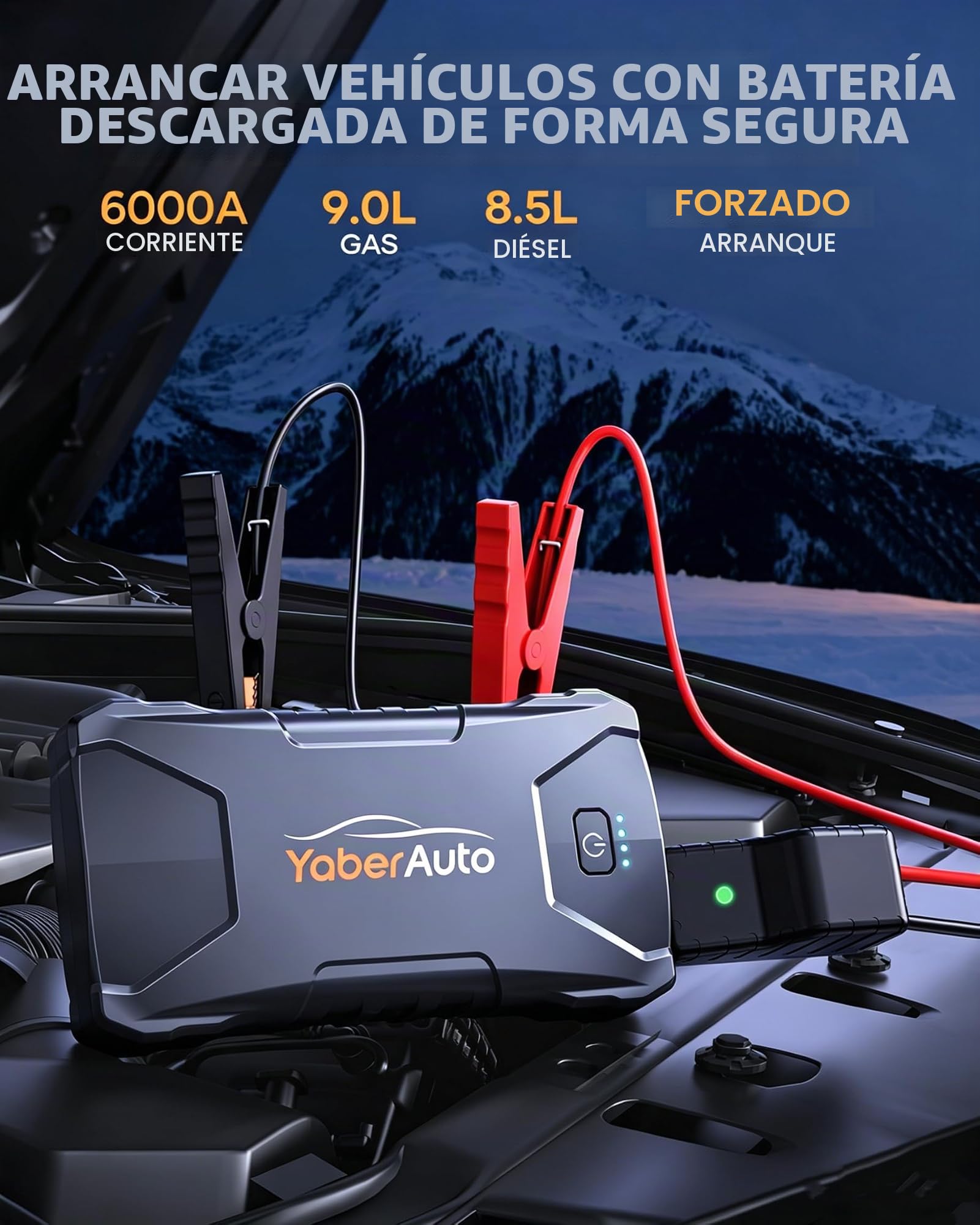 YaberAuto Booster Arrancador de Coche, Arrancador de Emergencia de 6000A para Auto/Moto (7.0L Gasolina/5.5L Diésel), Arrancador de Batería Portátil de 12V con Linterna, Salida USB Rápida, 10