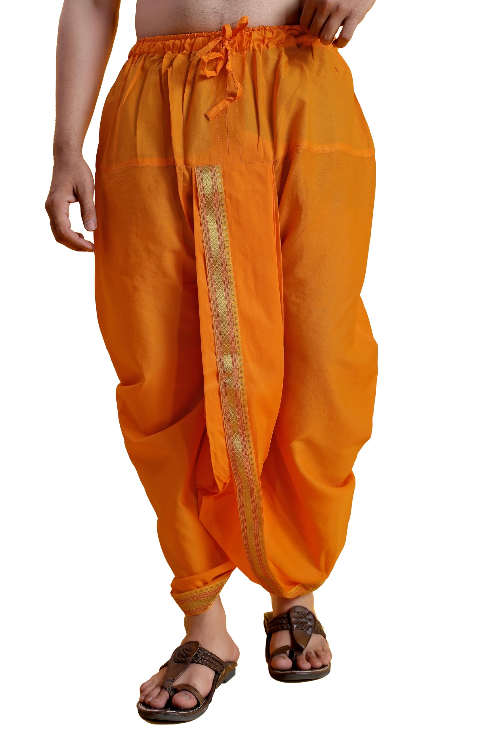 Rangildas Kuberdas Men Pure Polyester Readymade Dhoti Pant (Free Size) | Ethnic Wear | Yellow Dhoti for Man | Pooja & Festivals | Stitched Dhoti with Elastic Waist | Ready to Wear | Gents Dhoti