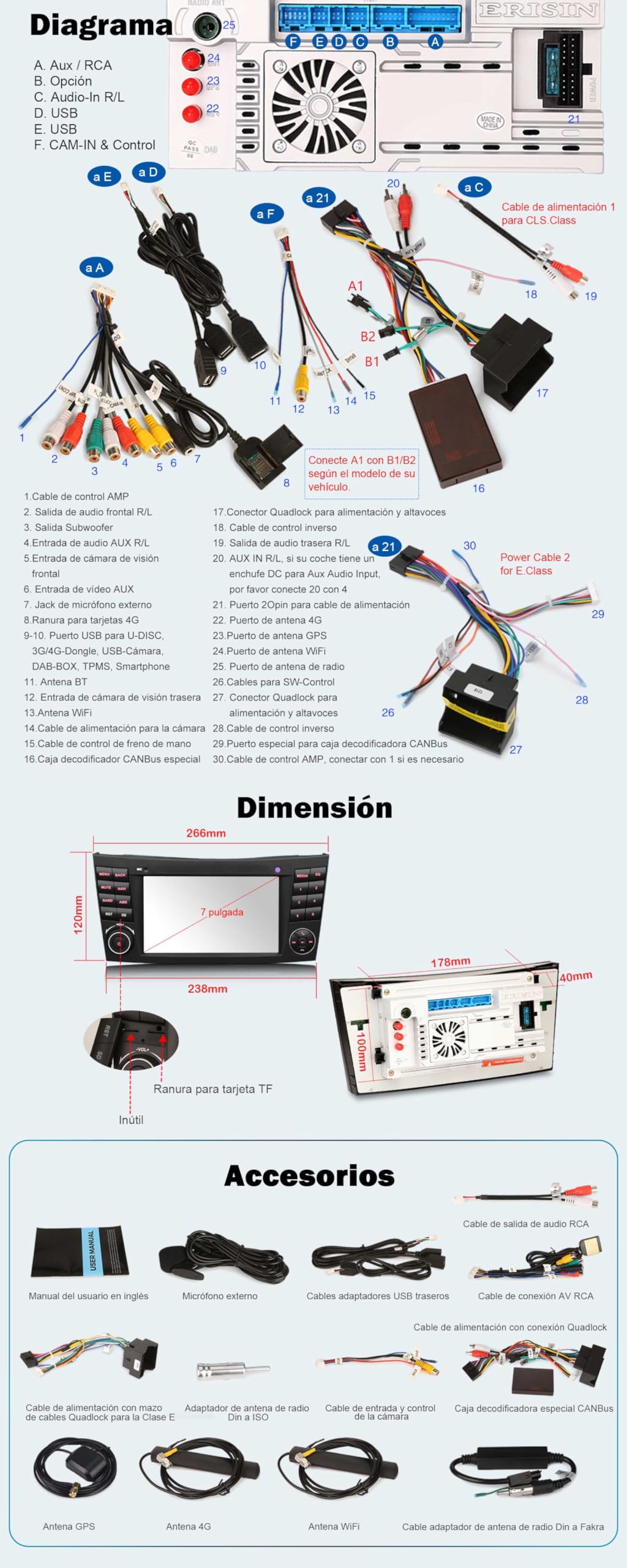 Erisin 8 núcleos 4GB+64GB Android 16 Radio Coche GPS Navegador para Mercedes Clase E W211 Clase CLS W219 Bluetooth CarPlay Android Auto DSP WiFi 4G Dab+ RDS OBD2 Canbus 7 Pulgadas Pantalla Táctil