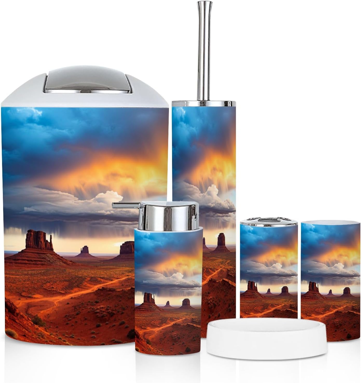 Bathroom Accessory Set 6 Piece Monument Valley Mountain Sunset Nature National Park Arizona Trash can, Toothbrush Holder, Soap Dispenser, Soap Dish, Toothbrush Cup, Toilet Brush Holder