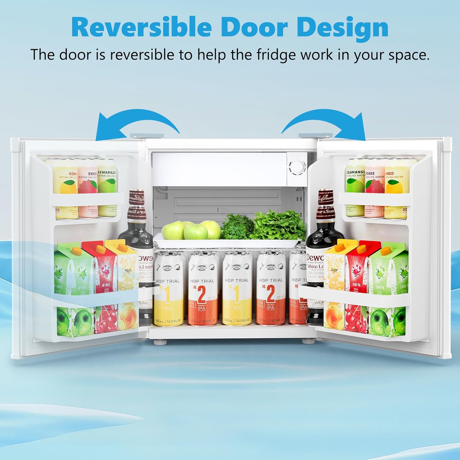 Electactic Mini Fridge with its door open, showing the interior filled with beverages and the reversible door design indicated by arrows.