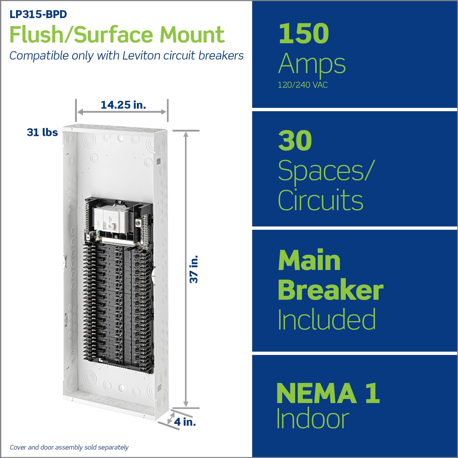 Leviton 30 Space, 30 Circuit Indoor Load Center with 150 Amp Main Circuit Breaker, LP315-BPD — Amazon image 2