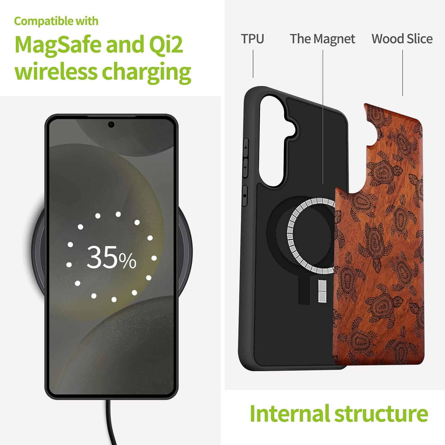 Carveit Magnetic Wooden Case for Galaxy S25+ Samsung S25 Plus Case, TPU Shockproof Cover & Wood Engraved, Compatible with MagSafe Wireless Chargers (Turtle Pattern Design) Rosy