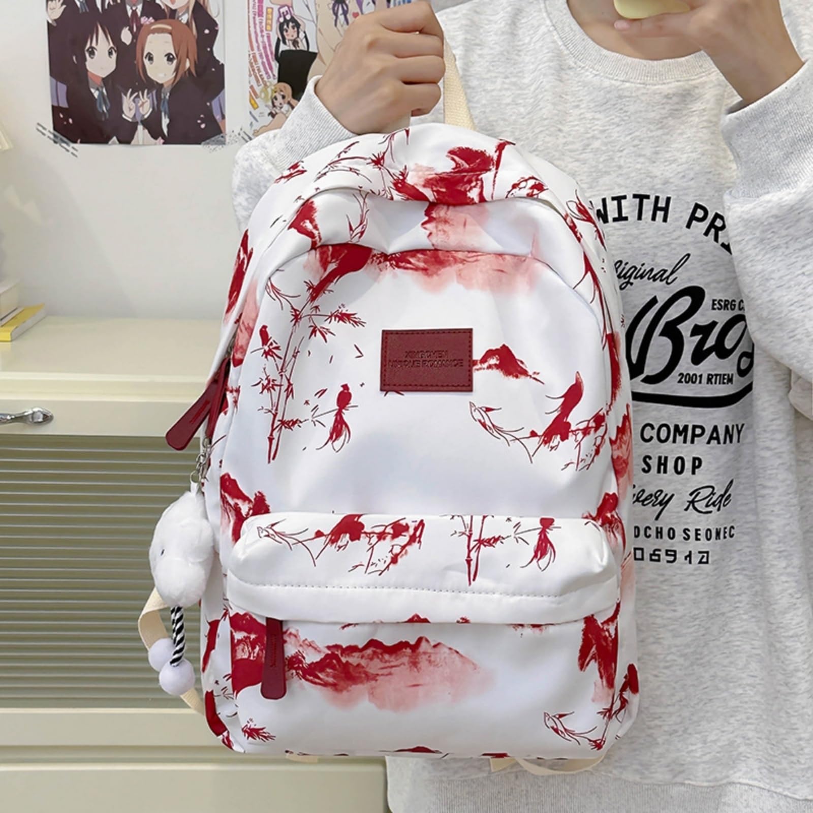 Zaino Inchiostro Paesaggio Stampa Nylon Zaino, Harajuku Stile Grande capacità Borsa Scolastica per Le Donne Uso Giornaliero di Viaggio-Gray