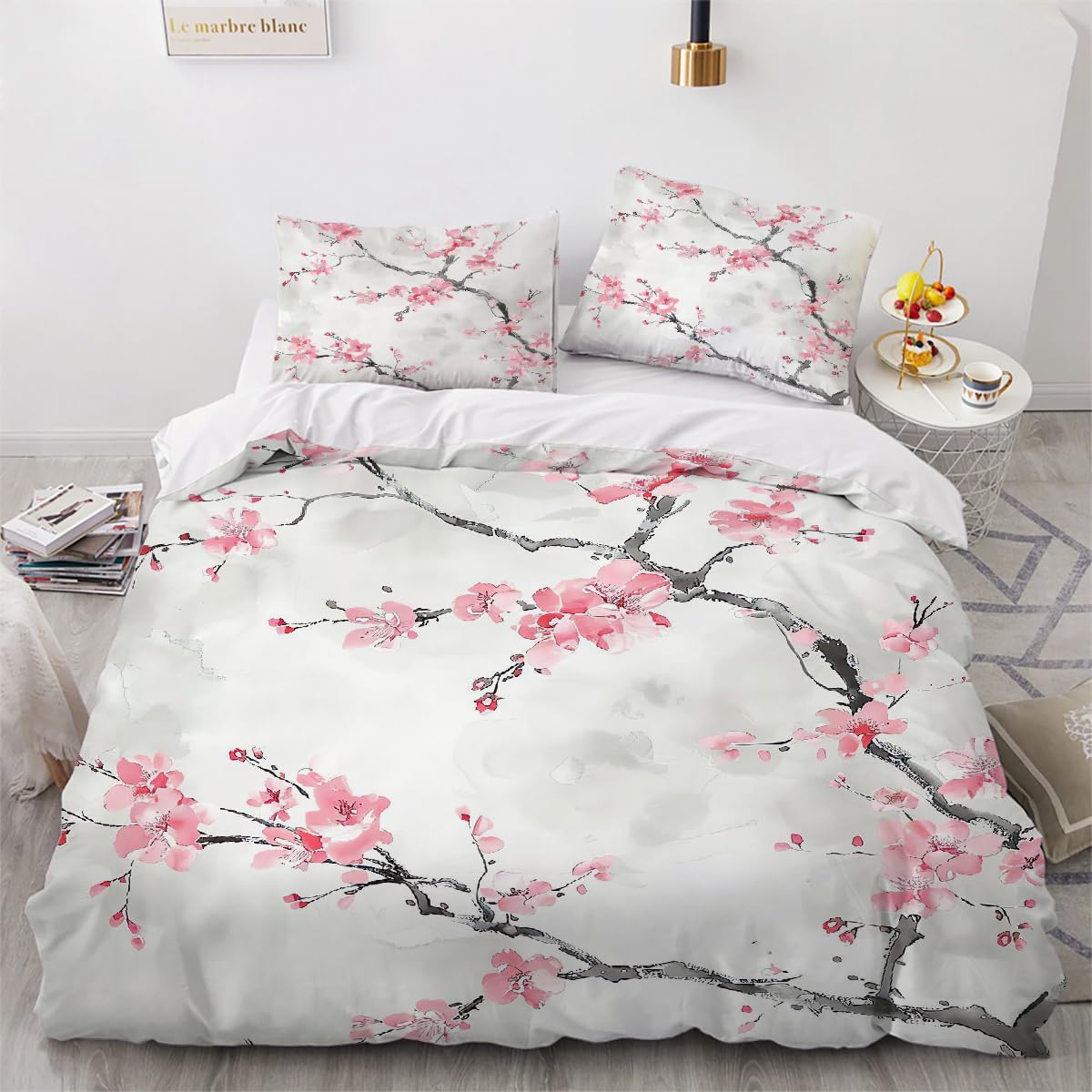 Parure de lit 220x240 en microfibre ultra doux au motif 3D fleurs de cerisier de qualité supérieure