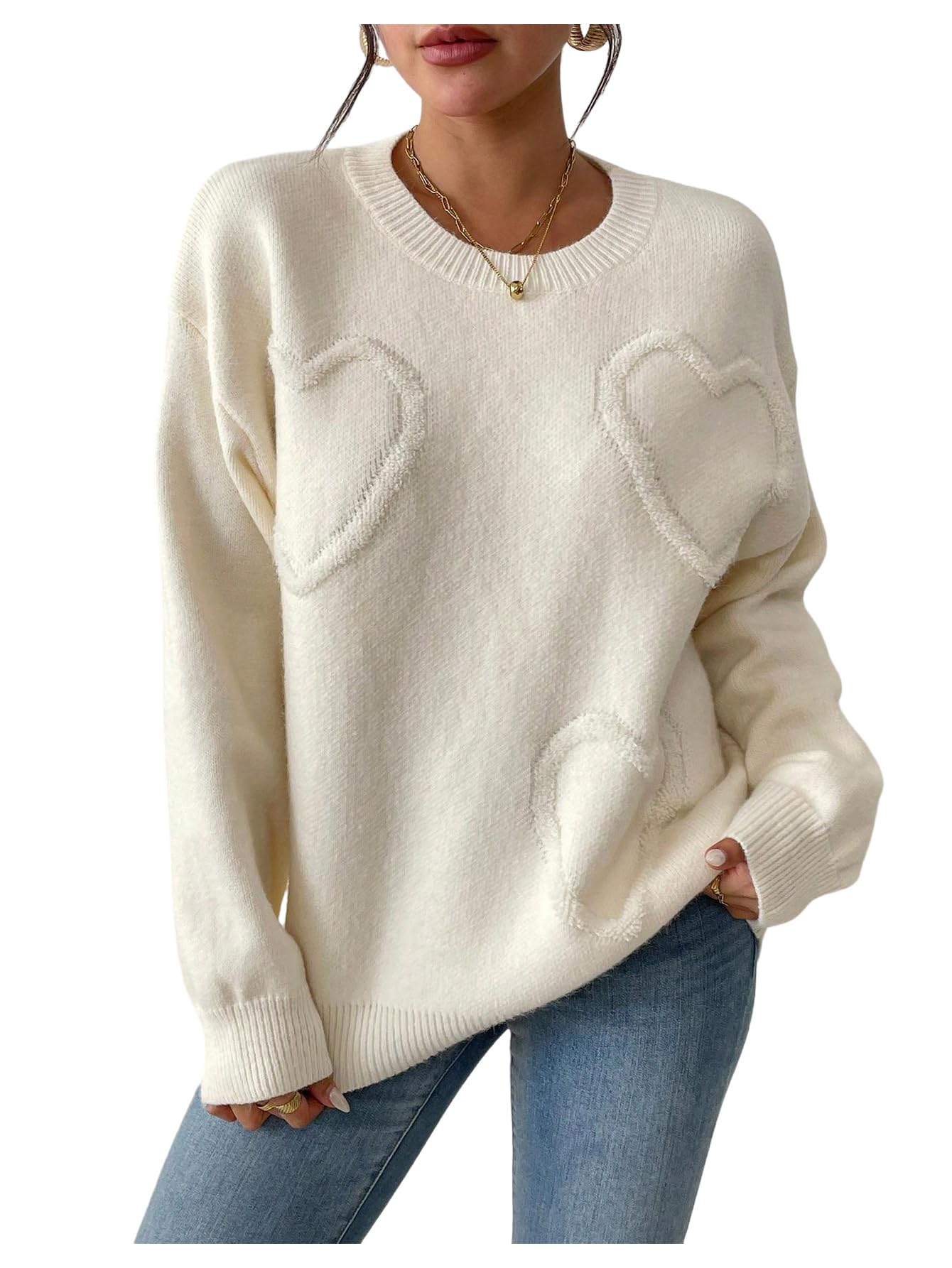 Verdusa Womens Heart Oversized Sweaters Cozy Pullovers Trendy Fall Knit Tops