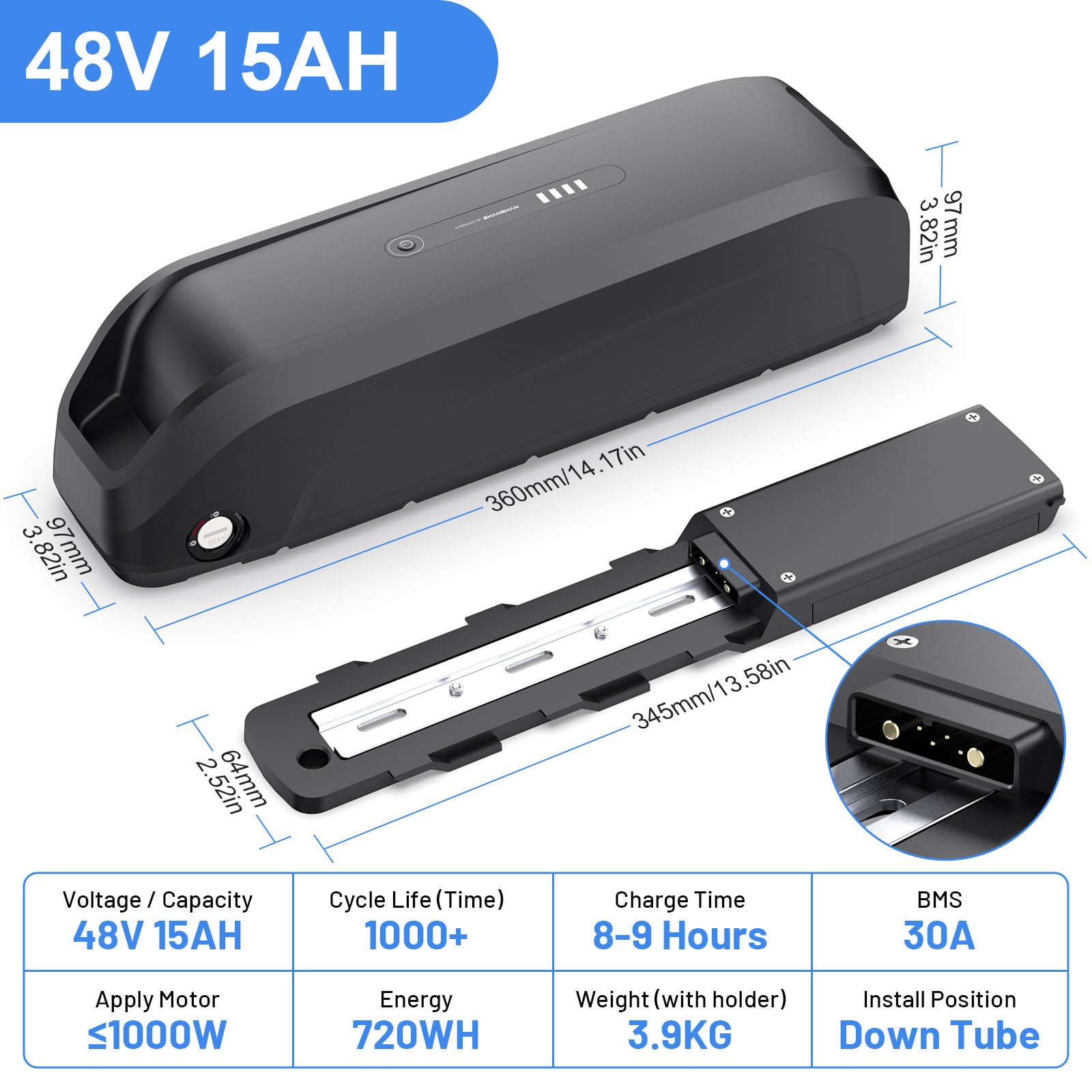 Batterie de vélo électrique 48V 15Ah Rechargeable au Lithium-ION pour électrique pour Moteur 250W 500W 750W 1000W pour