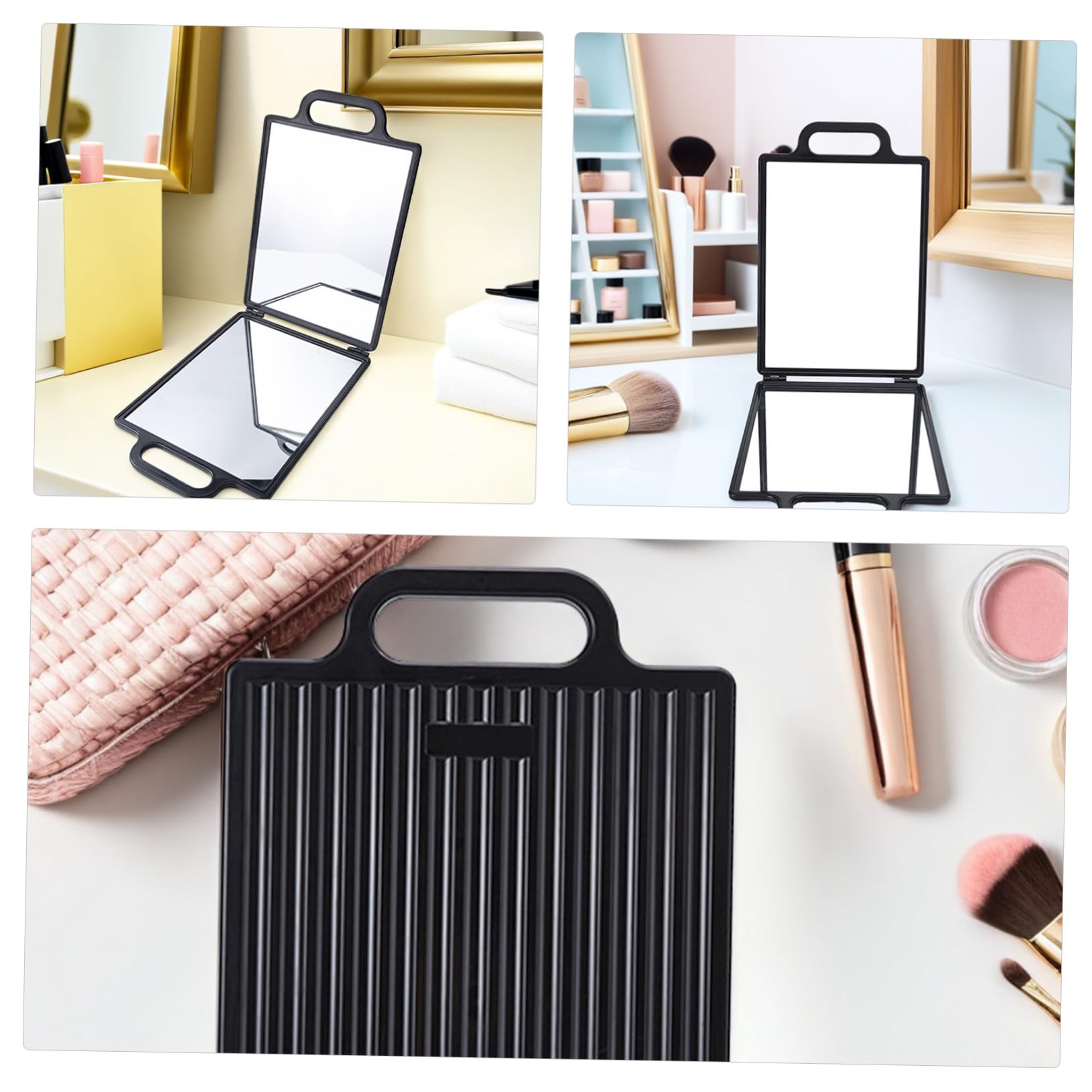 Doppelseitiger Friseurspiegel für Haarschnitte, Klappbar, Schwarz, Leicht | Rückansicht Beim Styling, Unzerbrechliche Oberfläche, Ergonomische Form, Glas und Kunststoff, Schminkablage Zufälliger Stil