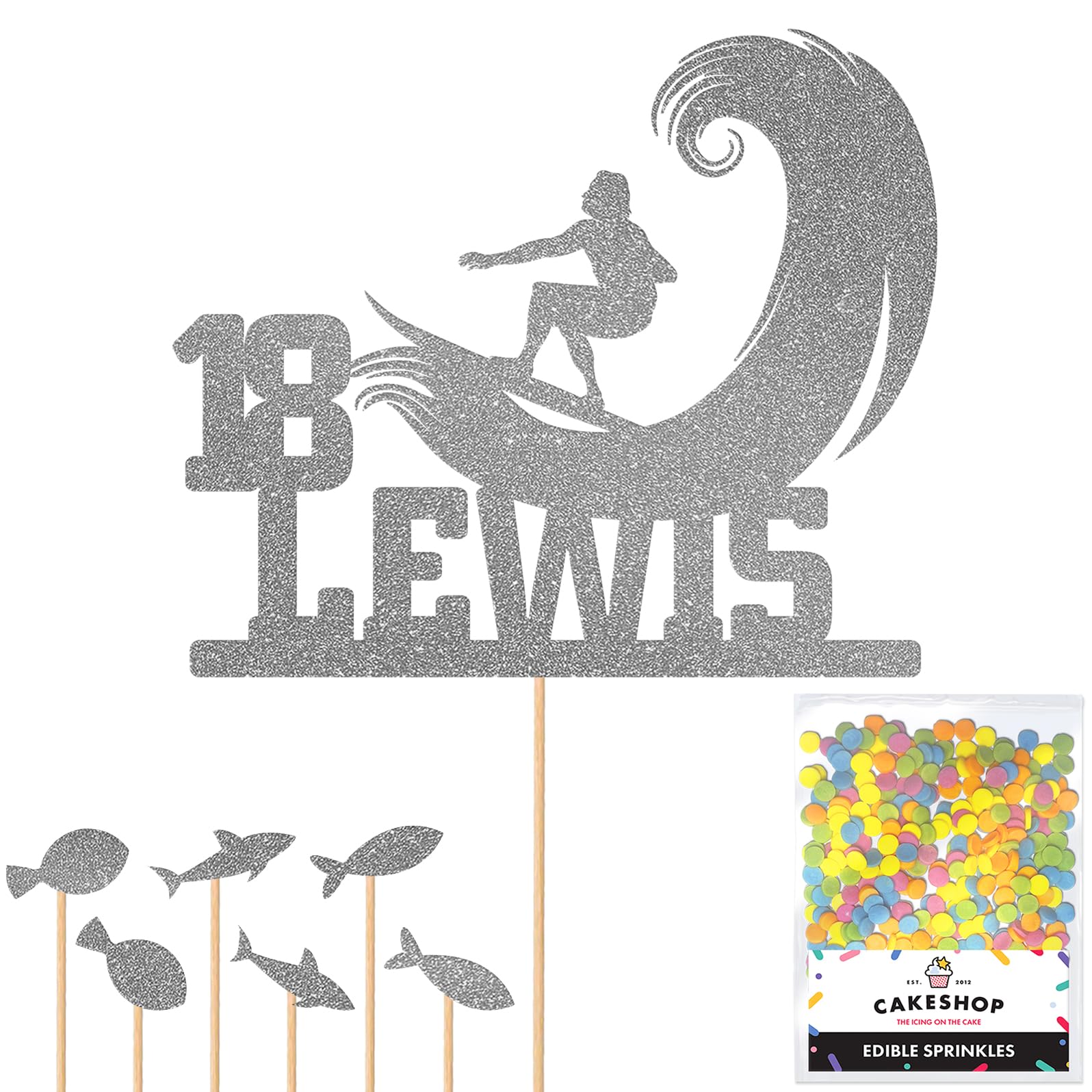 Personalised Surfer Wave Surfing Glitter Cake Topper Dk Silver Any Custom Age & Name Glitter Cake Decoration and Sprinkles - Happy Birthday Decorations - Personalised Toppers for Cakes by Cakeshop — image 1