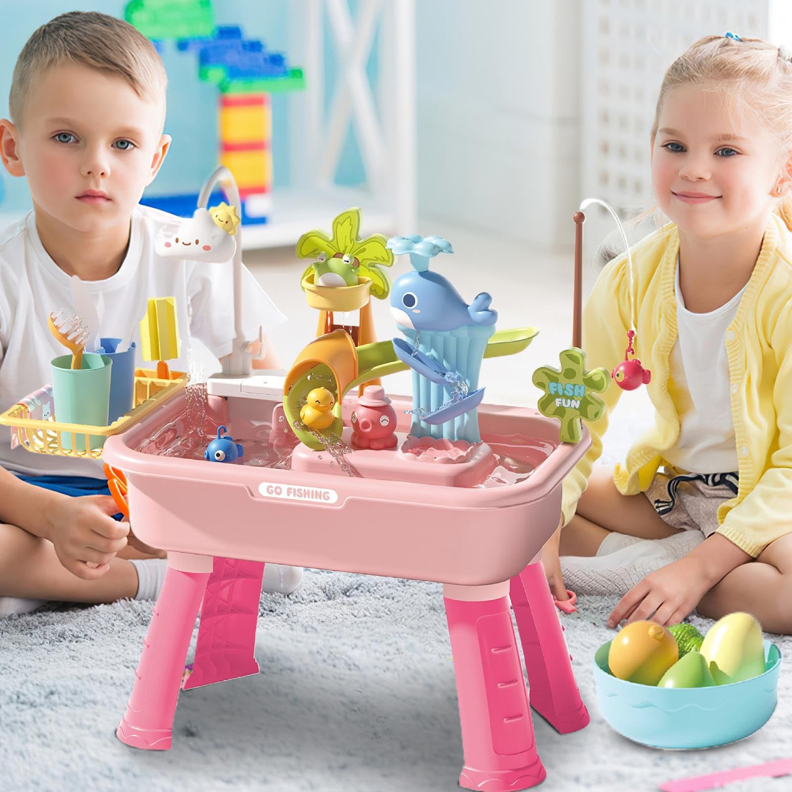 Wasserspiel-Tisch Sand und Wasser Spielzeug Set | Lernspielzeug Kombi-Spielzeug mit automatischem Wasserhahn für Kinder Garten Geburtstag Mädchen