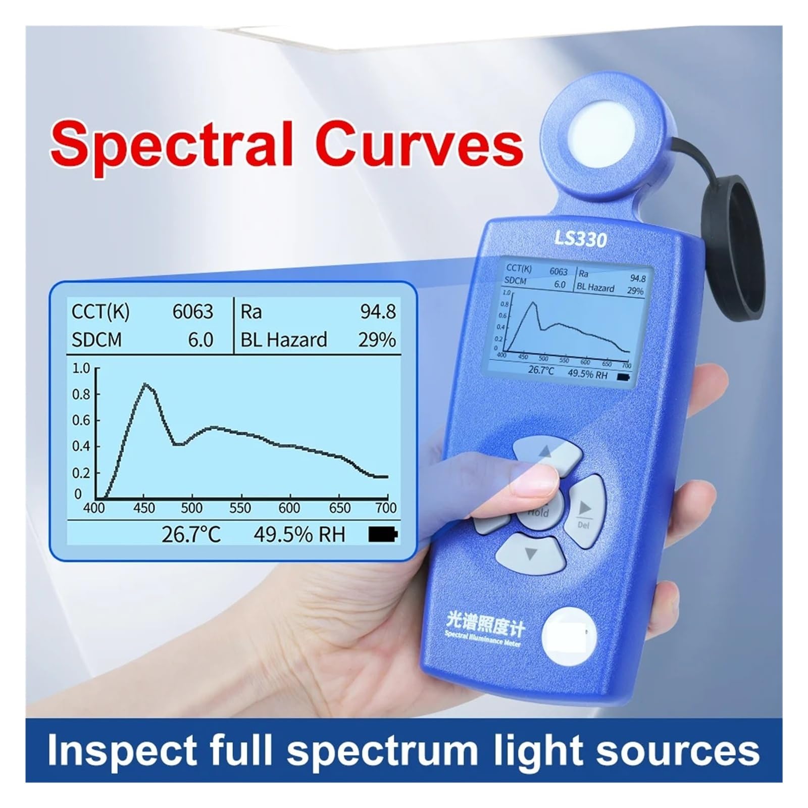 Medidor de luz espectral LS330 Lux PPFD CCT UVI CRI 400-700nm