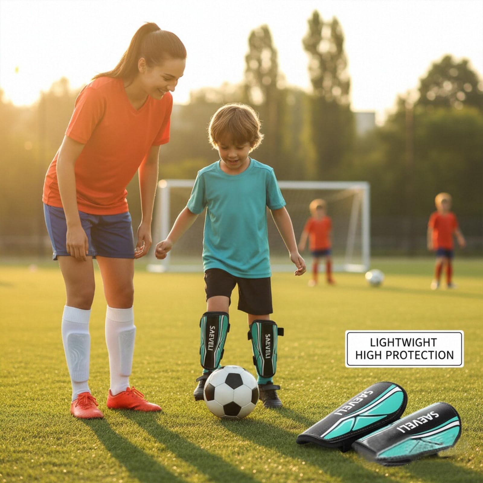 Parastinchi da calcio per bambini e ragazzi, leggeri e resistenti, con cinghie regolabili, per bambini dai 2 ai 14 anni