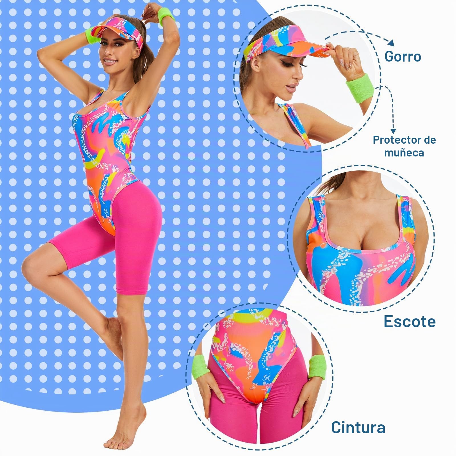 Disfraz de los años 80 para mujer, disfraz de entrenamiento de los años 80, accesorios con riñonera, parasol, muñequera, disfraz de patinaje en películas para Halloween y cosplay