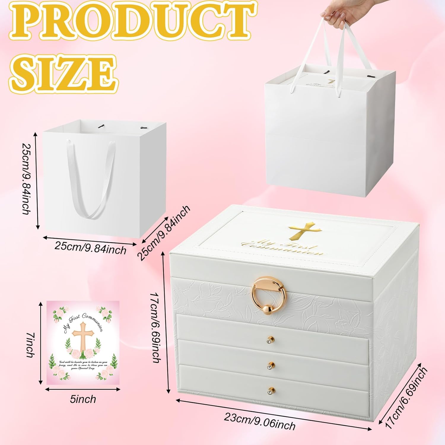Kigeli 3 Pcs First Communion Gifts for Girls Exquisite My First Jewelry Keepsake Box Gifts with Pray Card and Bag Set, Delicate Baptism Jewel Box with Cross for Girls Christian Christening Gift