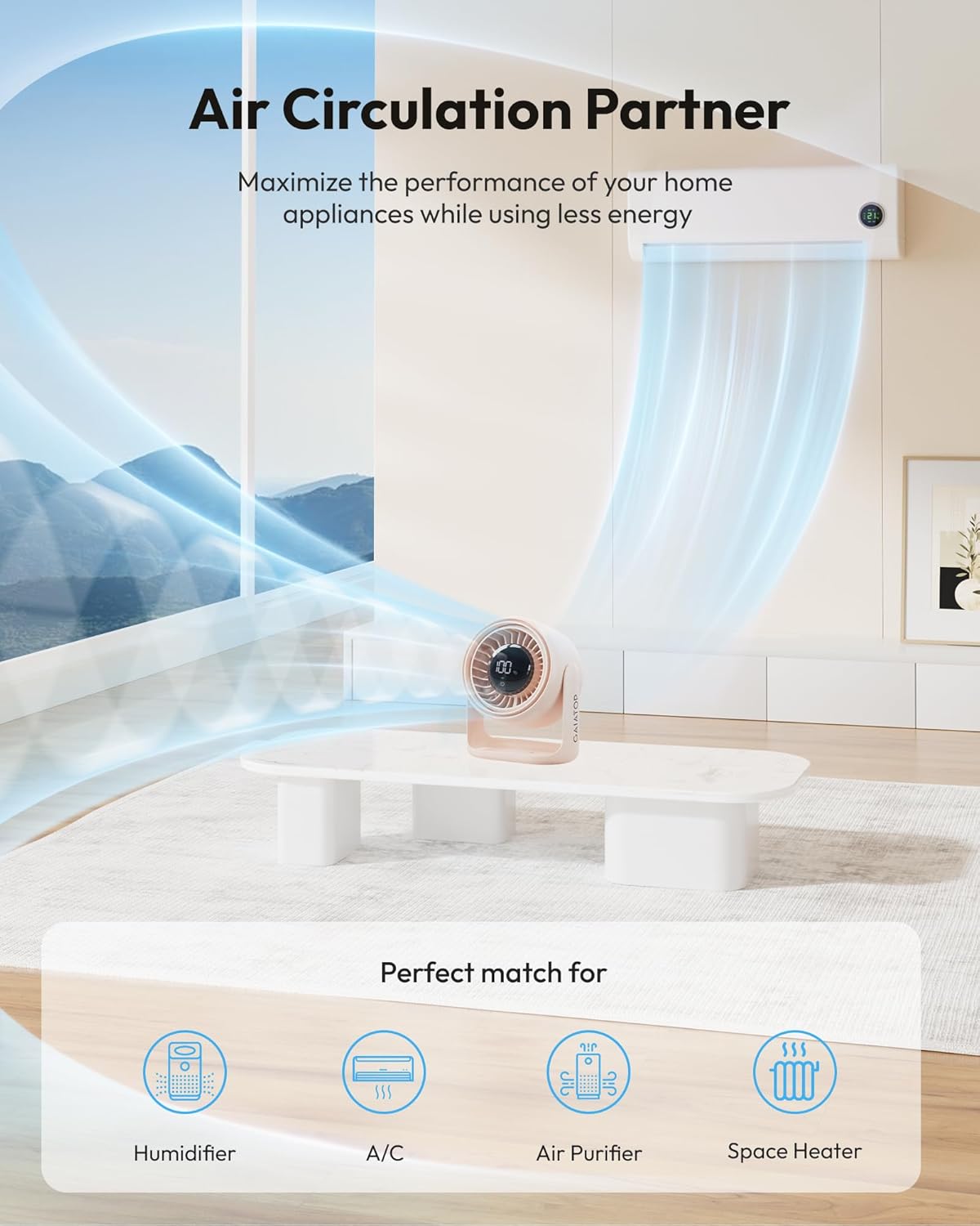 Gaiatop Desk Fan with Touch Control, 4000mAh Battery, 5 Speeds Ultra Quiet Bedroom Fan with LED Display, 90° Tilt, 7.7 Inch USB-C Rechargeable Desktop Fan for Dorm Office Room Home Office, Pink