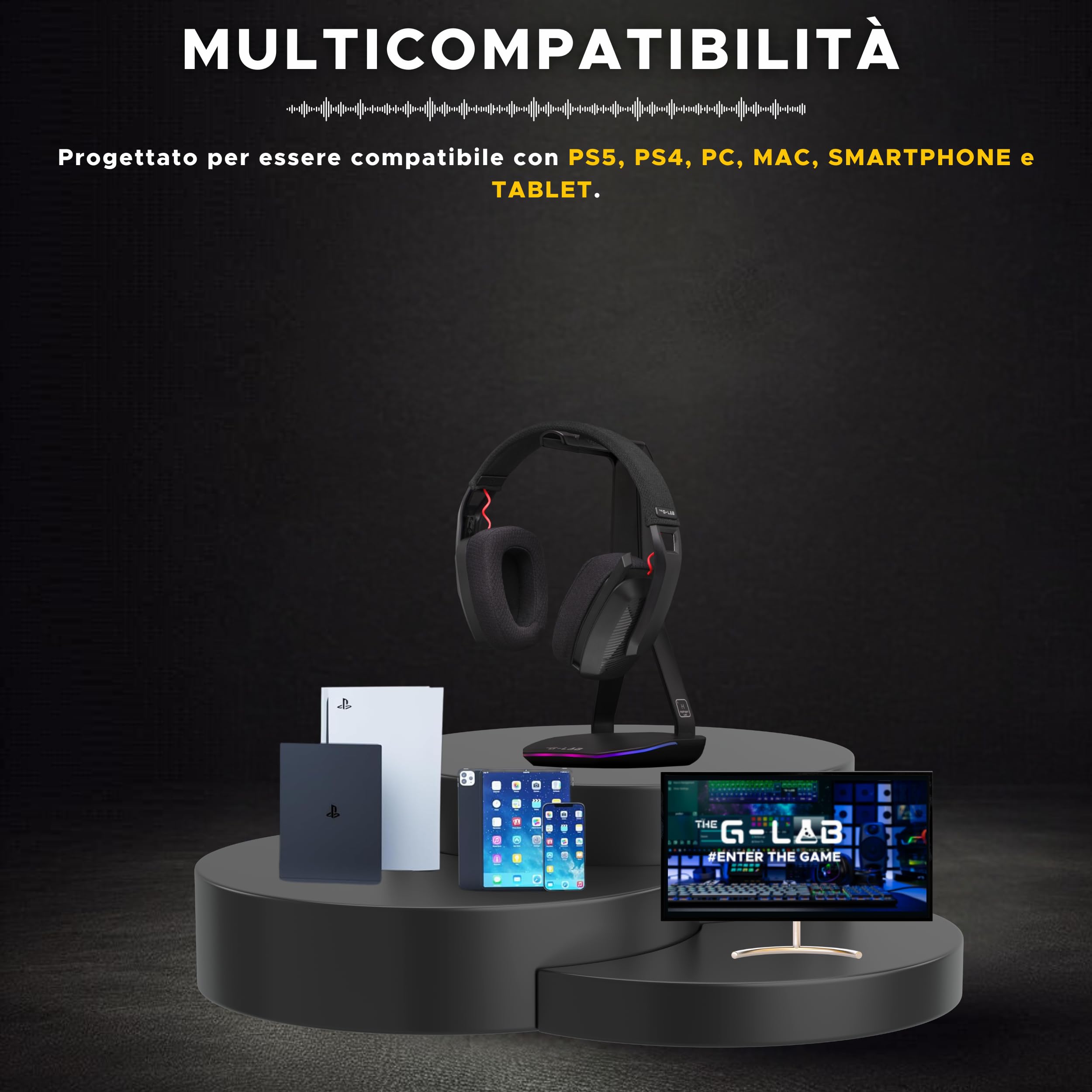THE G-LAB - Korp Platinium - Cuffie gaming wireless Tripla Modalità: Bluetooth, 2.4GHz e cablato. - Cuffie PS5 /PS4/PC/Androïd/IOS - Audio Stereo di Alta Qualità, Bassa Latenza, Durata 45h – Nuovo | Audio Stereo, Cuffie PS5 /PS4/PC/Androïd/IOS, Autonomia