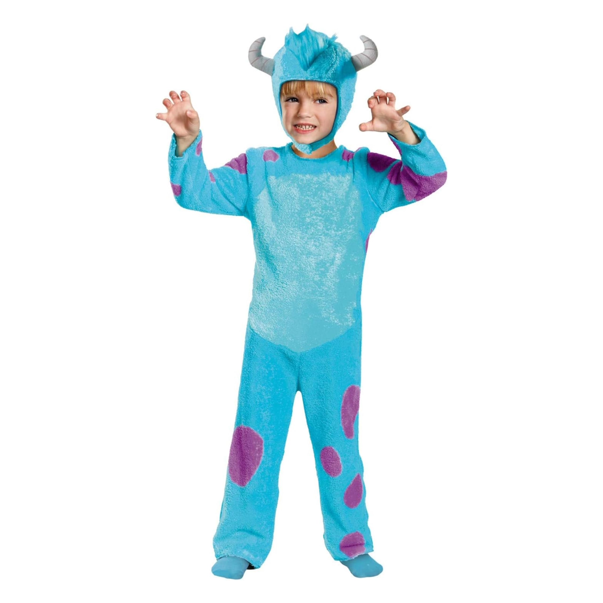 Przebranie Disney Pixar Sulley dla dzieci, Oficjalnie licencjonowane, Miękki niebieski kombinezon z ogonem i materiałową czapką z rogami, Szczegółowe przebranie chłopięce Monsters Inc, 3-4