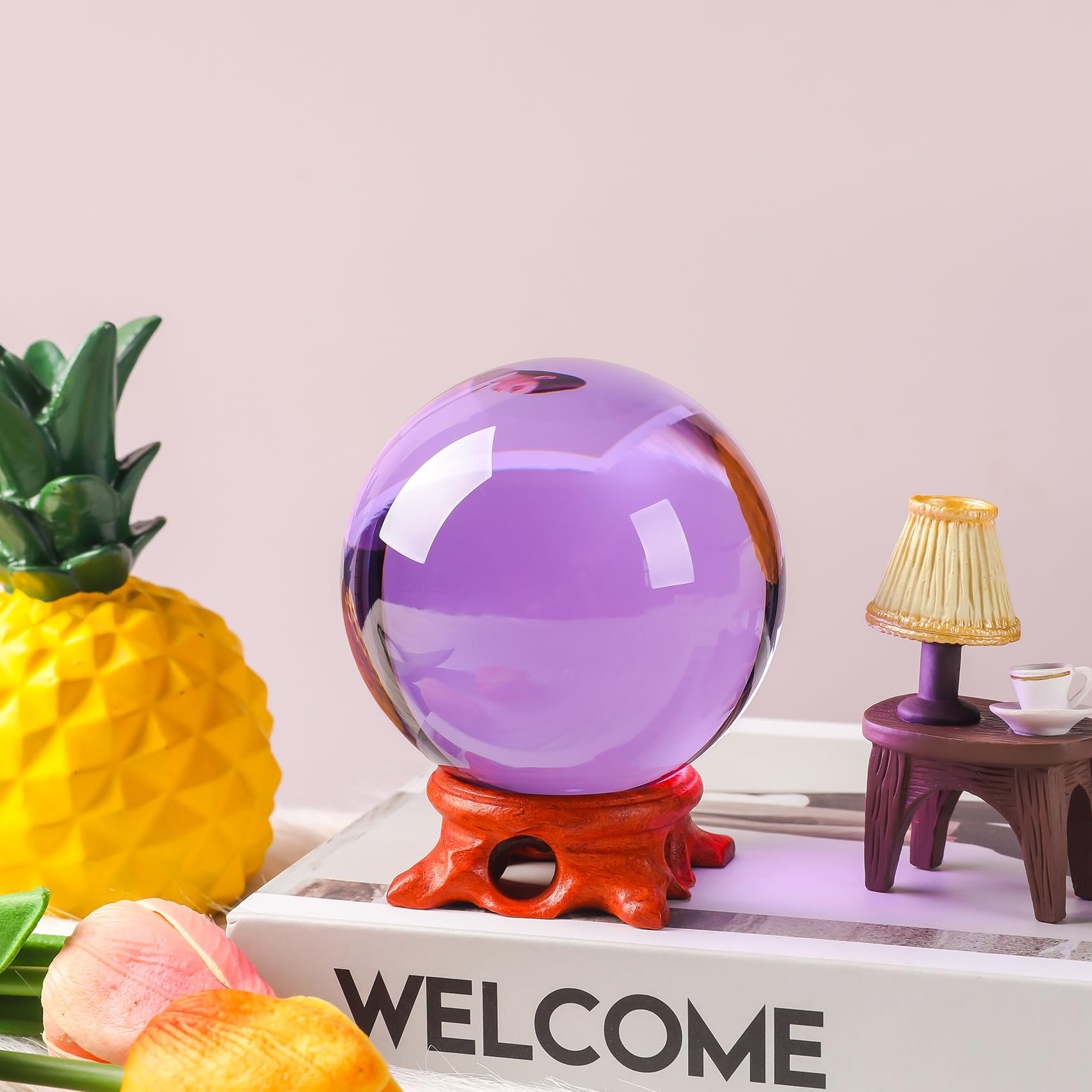 Modaier Sfera di cristallo viola da 80 mm con supporto in legno e confezione regalo per magia, fotografia con lenti, decorazione per la famiglia, indovino, Feng Shui, stregoneria, stregoneria,
