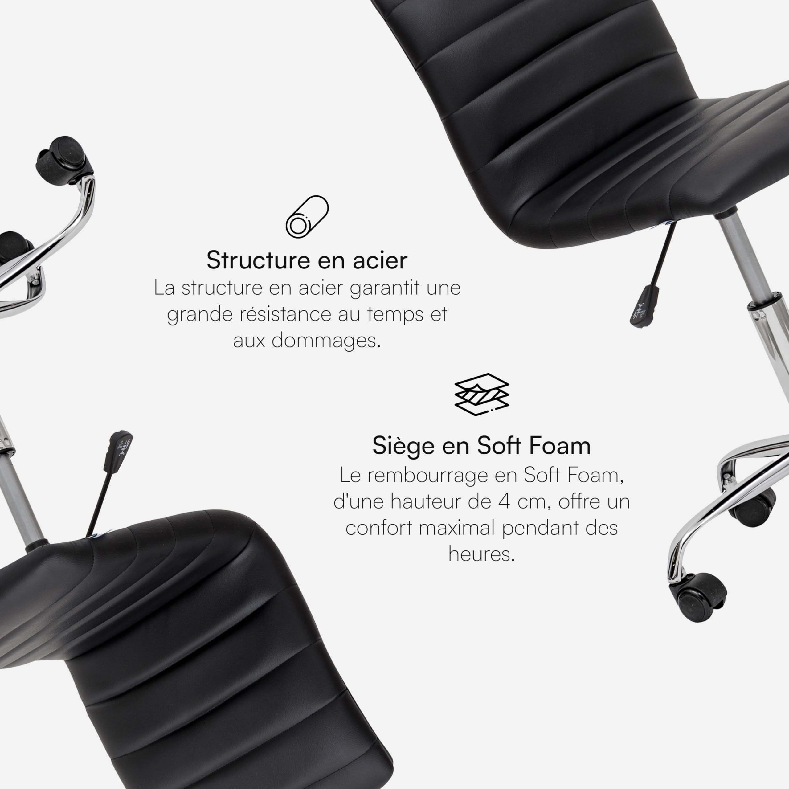 Baroni Home Chaise de Bureau Ergonomique avec roulettes en Acier pour étude et Travail, Chaise sans accoudoirs, Fauteuil de Bureau, 85x47x40 cm, Noir