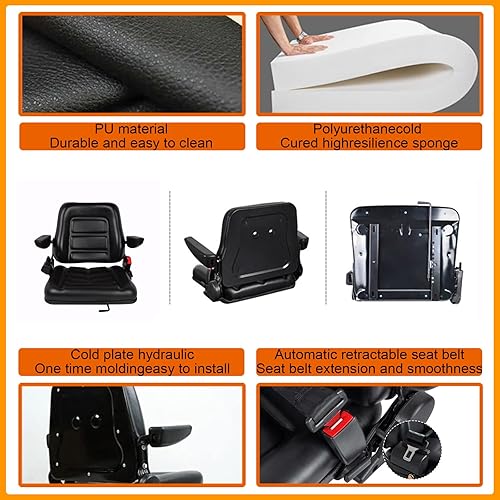 Miniatura 5 de Asiento de carretilla elevadora universal plegable para tractor, cortacésped de PVC negro con ángulo de respaldo ajustable de 180, reposabrazos,