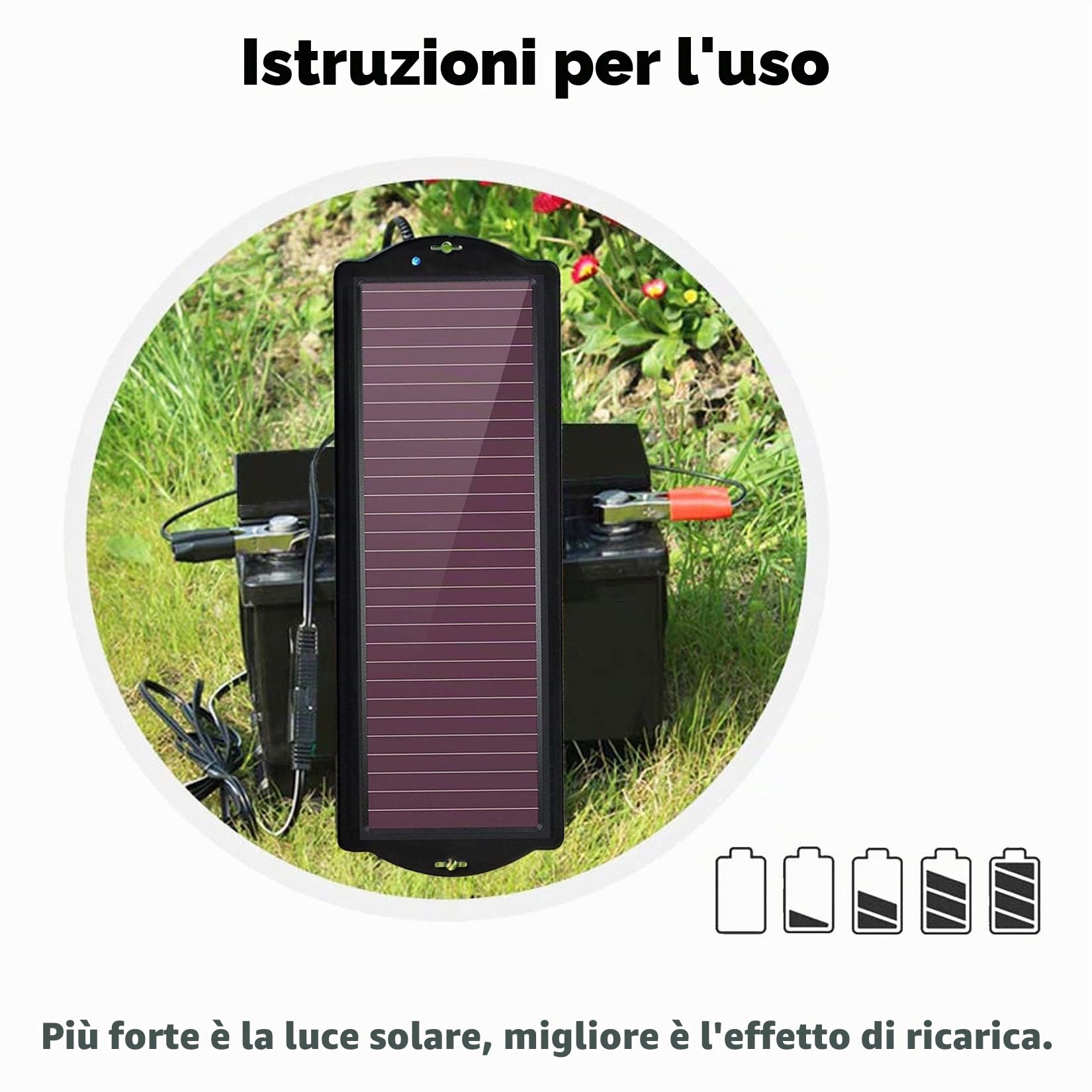 Caricabatteria da auto solare, pannello solare amorfo portatile impermeabile 12 V 2,5 W con morsetto per batteria per accendisigari per auto, moto, barca, camper, rimorchio, ecc.