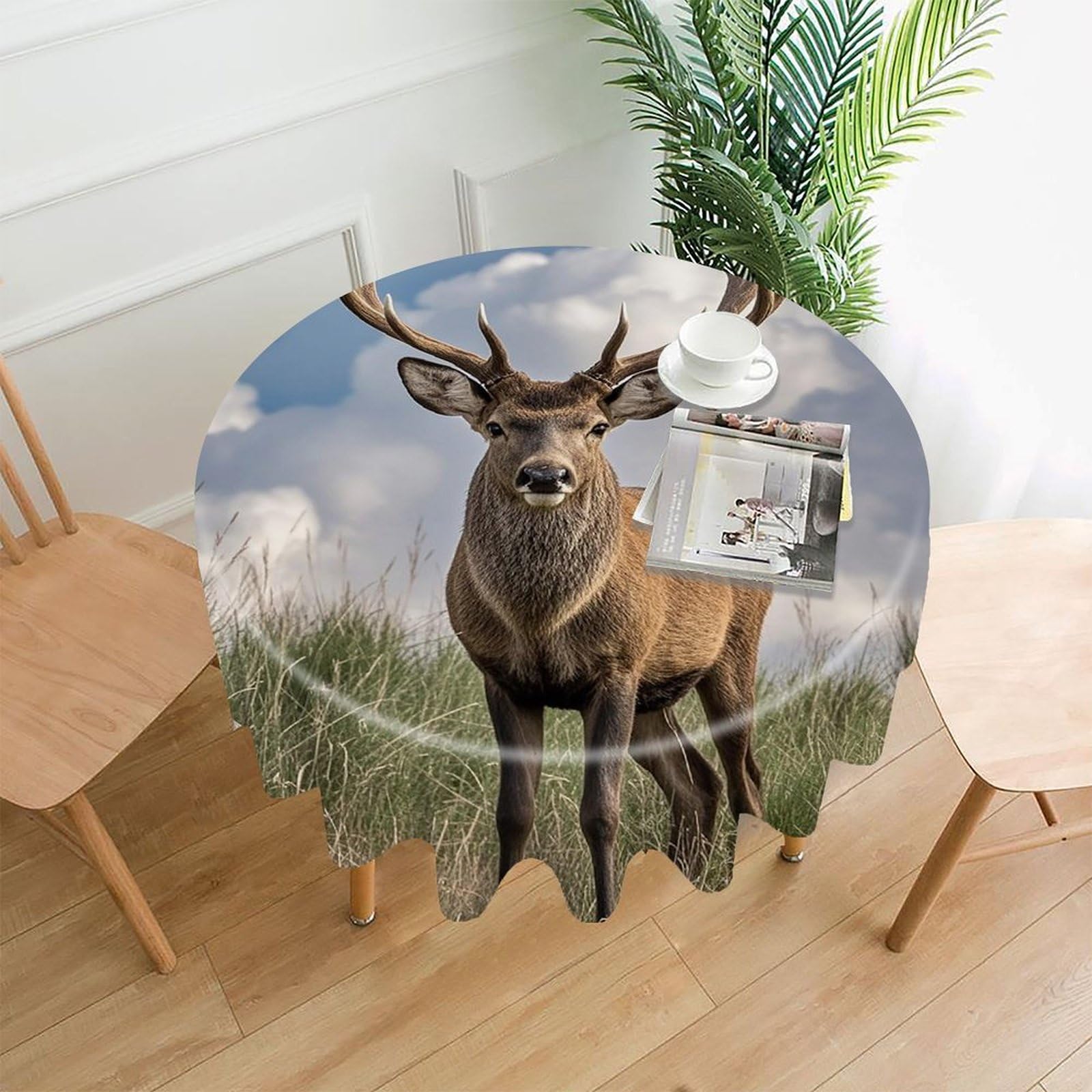 FekiLoot Elk Tablecloth Decorative Round Table Cloth Wrinkle Resistant Washable Circle Table Cover Round Tablecloth for Picnic Party Camping Dining 60 Inch