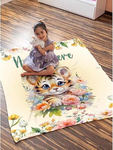 Miniatura 312 de Manta personalizada con diseño de jirafa y elefante, manta de franela suave, acogedora y ligera con nombre para sofá, cama, sofá, regalo, unisex