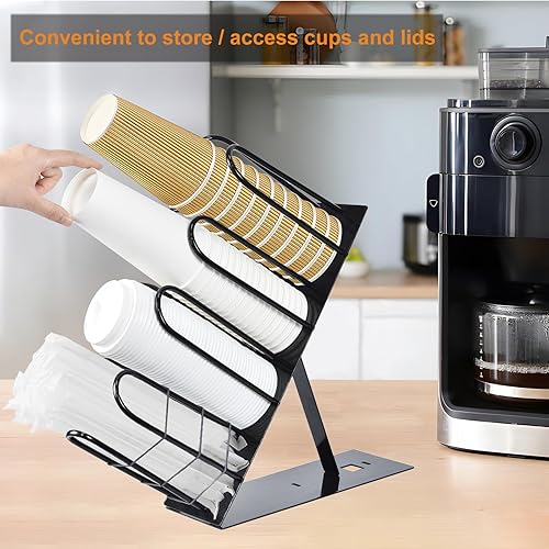 Miniatura 5 de Dispensador de tazas de café, soporte ajustable de metal con 4 compartimentos para tazas y tapas, organizador de estación de café para tazas, tapas,