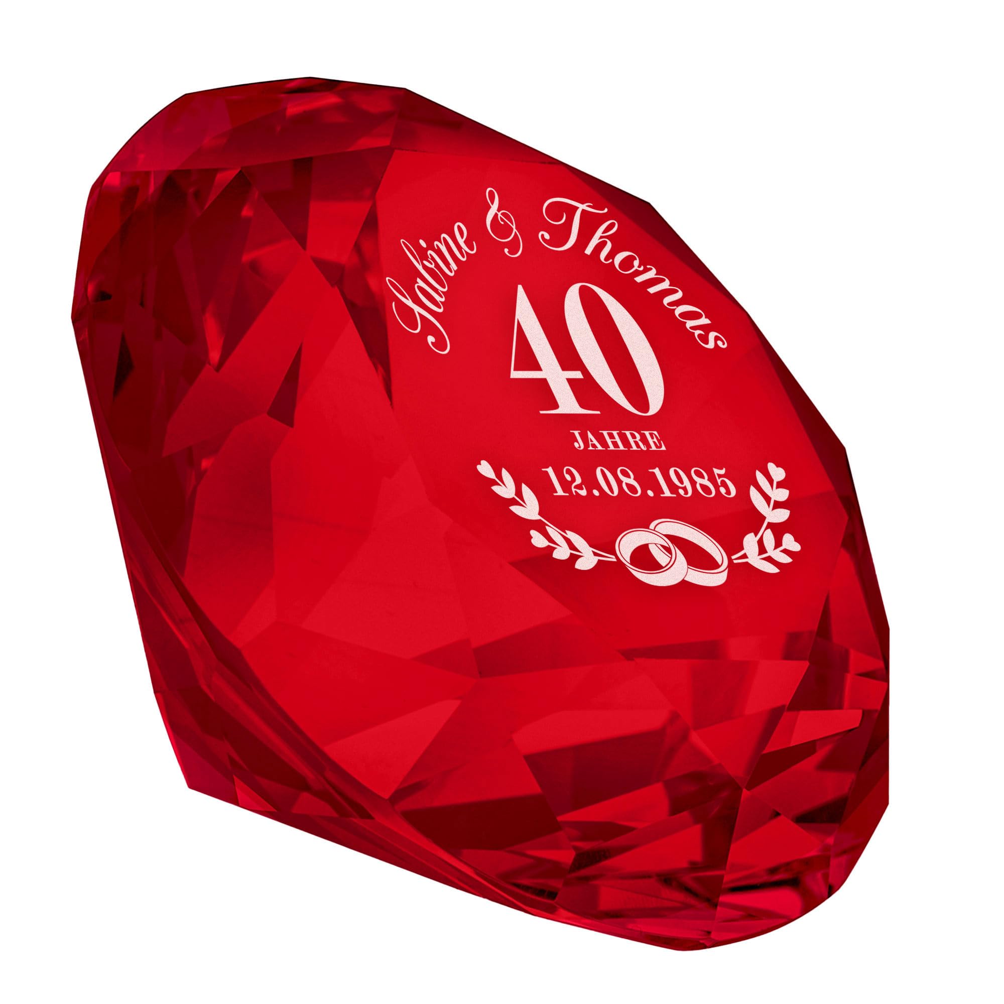 Casa Vivente Glas Kristall zur Rubinhochzeit, Diamant mit Gravur, Personalisiertes Hochzeitstag Geschenk, Kristall Deko Geschenk zum 40. Hochzeitstag, Geschenke für Paare