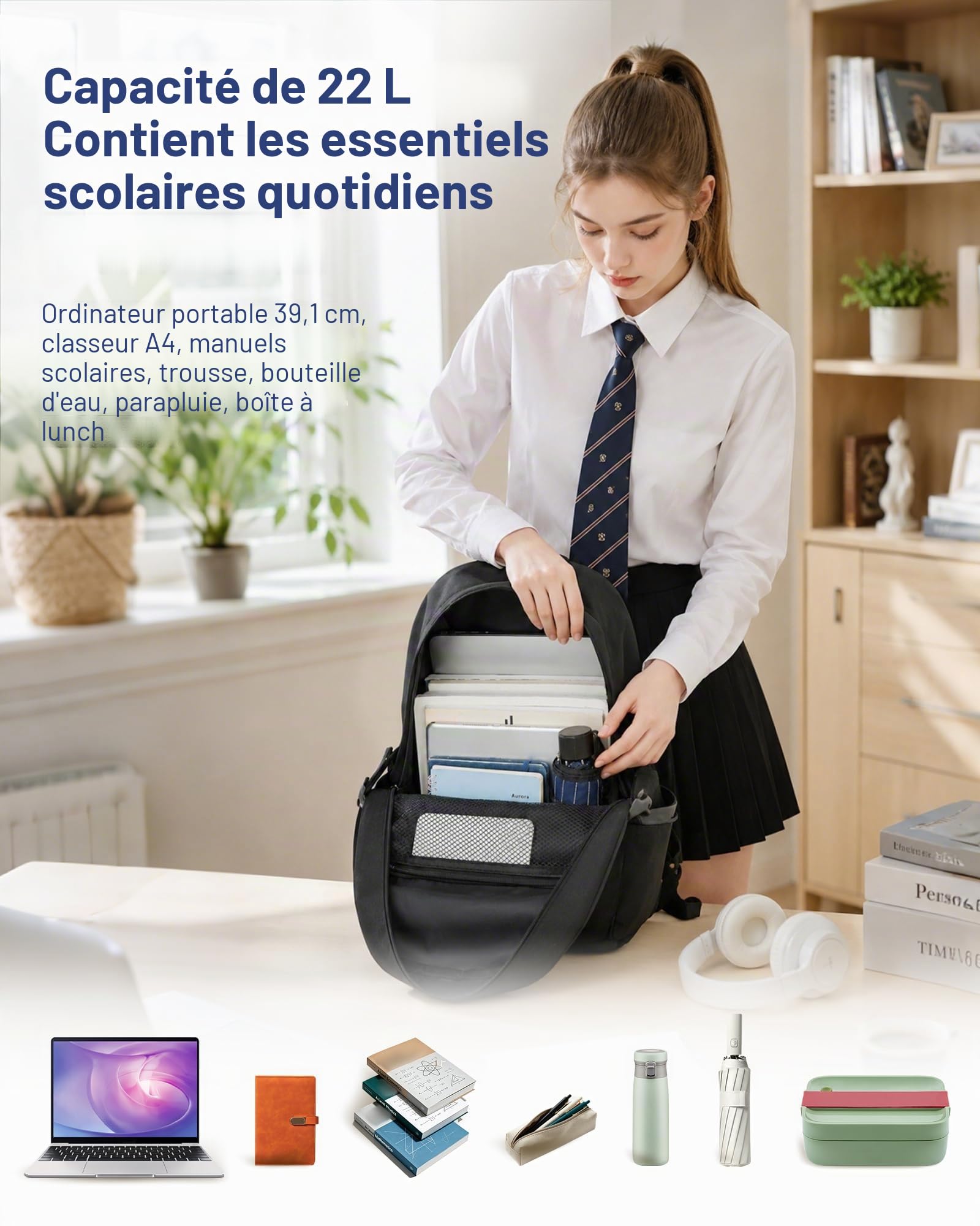 Kono Sac à Dos Scolaire Lycée Ado Étudiant Léger pour Garçon Fille, Sac d'École Travail Voyage, pour Collège et Université, Ordinateur Portable 15,6 Pouces