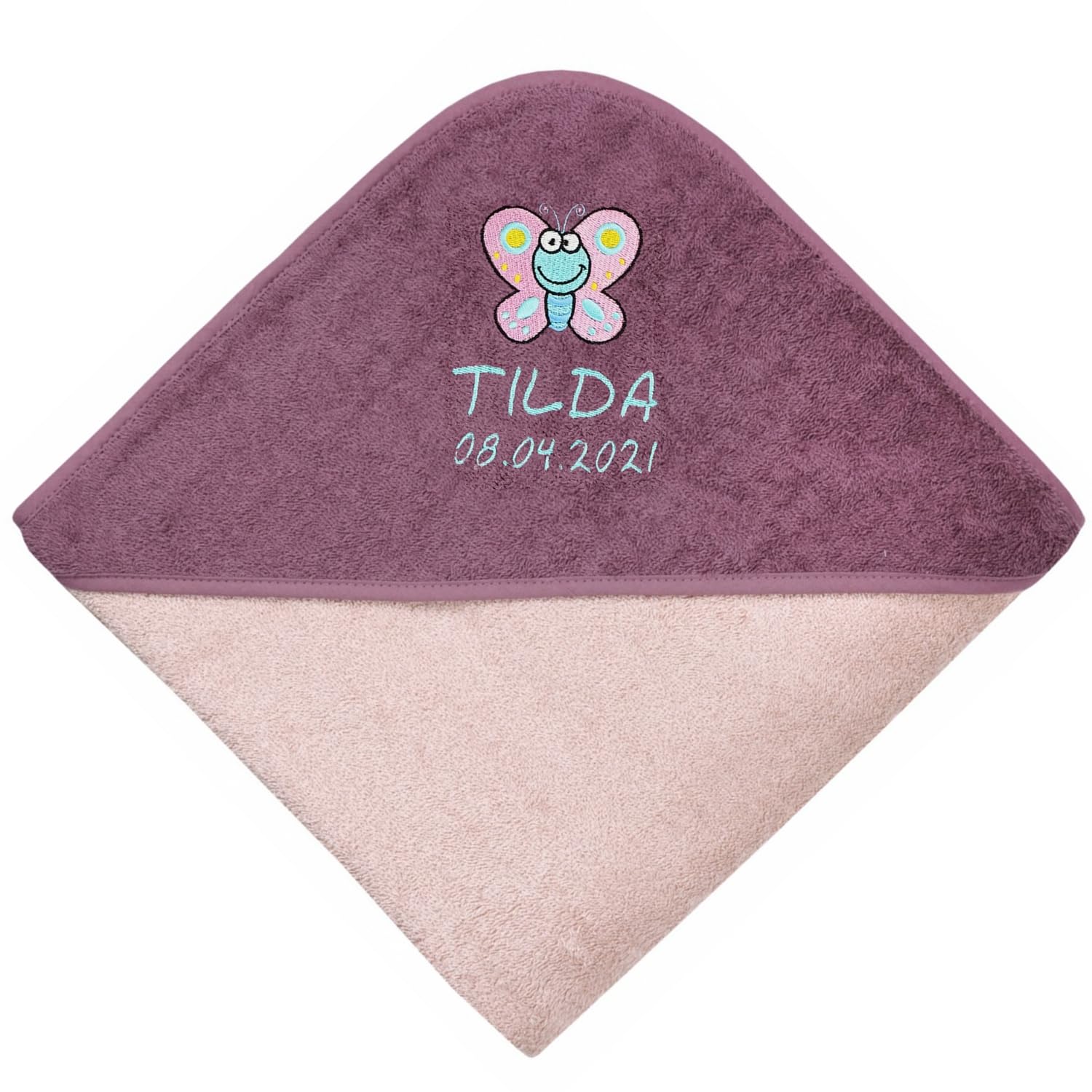 Wolimbo Kapuzenhandtuch personalisiert mit Namen und Motiv - Peach-Mauve - 80x80 cm - für Baby und Kinder